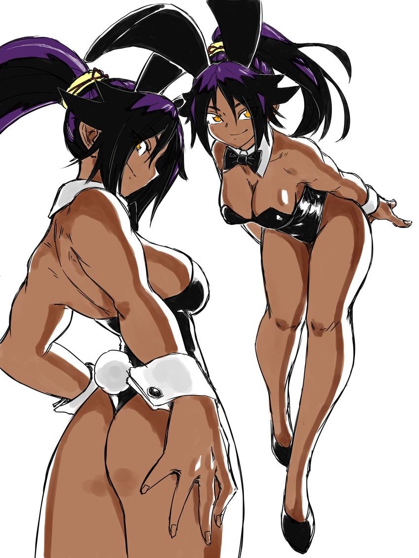 1girls, animal ears, ass, backless leotard, bare legs, bare shoulders, black footwear, black leotard, black neckwear, bleach, bow, bowtie, breasts, bunny ears, bunny tail, bunnysuit, cleavage, cowboy shot, cuffs, dark skin, dark-skinned female, detached collar, female, female only, full body, highleg, highleg leotard, large breasts, leaning forward, leotard, long hair, looking at viewer, multiple views, orange eyes, ponytail, profile, purple hair, shihouin yoruichi, sideboob, simple background, sleeveless, smile, solo, strapless, tail, toshinoshin00, white background
