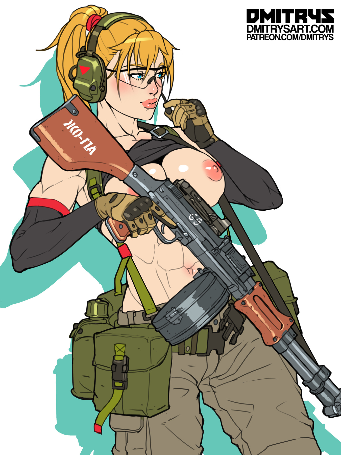 1girls, abs, areolae, big breasts, breasts, dmitrys, emily (dmitrys), female, female only, gun, headset, large breasts, machine gun, muscles, muscular, muscular female, nipples, solo, tactical gear, weapon