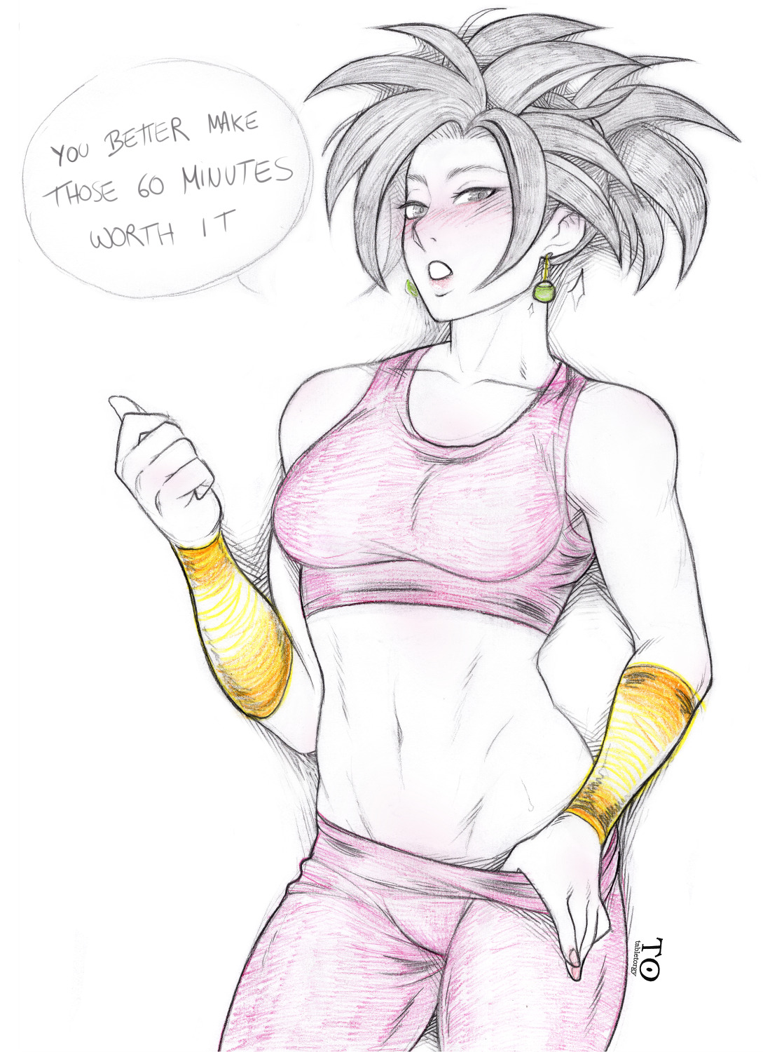 1girls, black eyes, black hair, breasts, dragon ball, dragon ball super, earrings, female, fusion, kefla, pants pull, ponytail, potara earrings, saiyan, short hair, spiky hair, tabletorgy