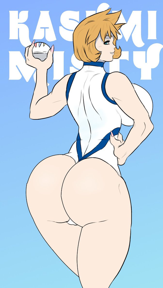 1girls, alternate breast size, alternate costume, alternate outfit, ass, big ass, big breasts, blue background, blue eyes, breasts, eye contact, female, grin, half-closed eyes, huge ass, huge breasts, human, jay-marvel, kasumi (pokemon), large ass, large breasts, looking at viewer, looking back, misty (pokemon hgss), misty (pokemon), nail polish, nintendo, orange hair, pink nails, poke ball, pokemon, pokemon gsc, pokemon hgss, pokemon rgby, short hair, sideboob, skin tight, smile, smug, source request, swimsuit, teeth, text, thick thighs, wide hips