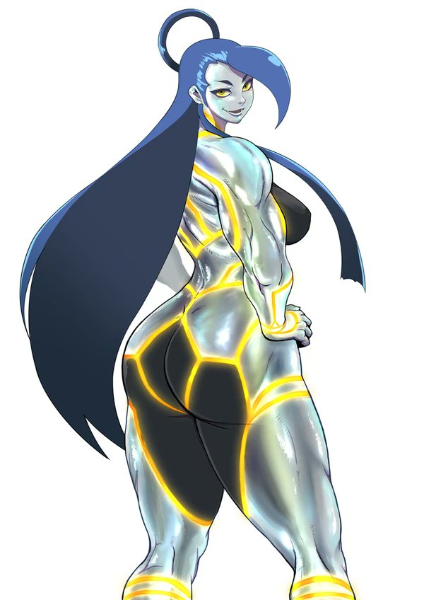 1girls, android, artist request, ass, back view, backboob, big ass, black hair, breasts, canon genderswap, capcom, female, hair, long hair, robot, robot girl, seth (doll unit 0), seth (street fighter), smile, smiling, standing, straight, street fighter, street fighter v, thick thighs