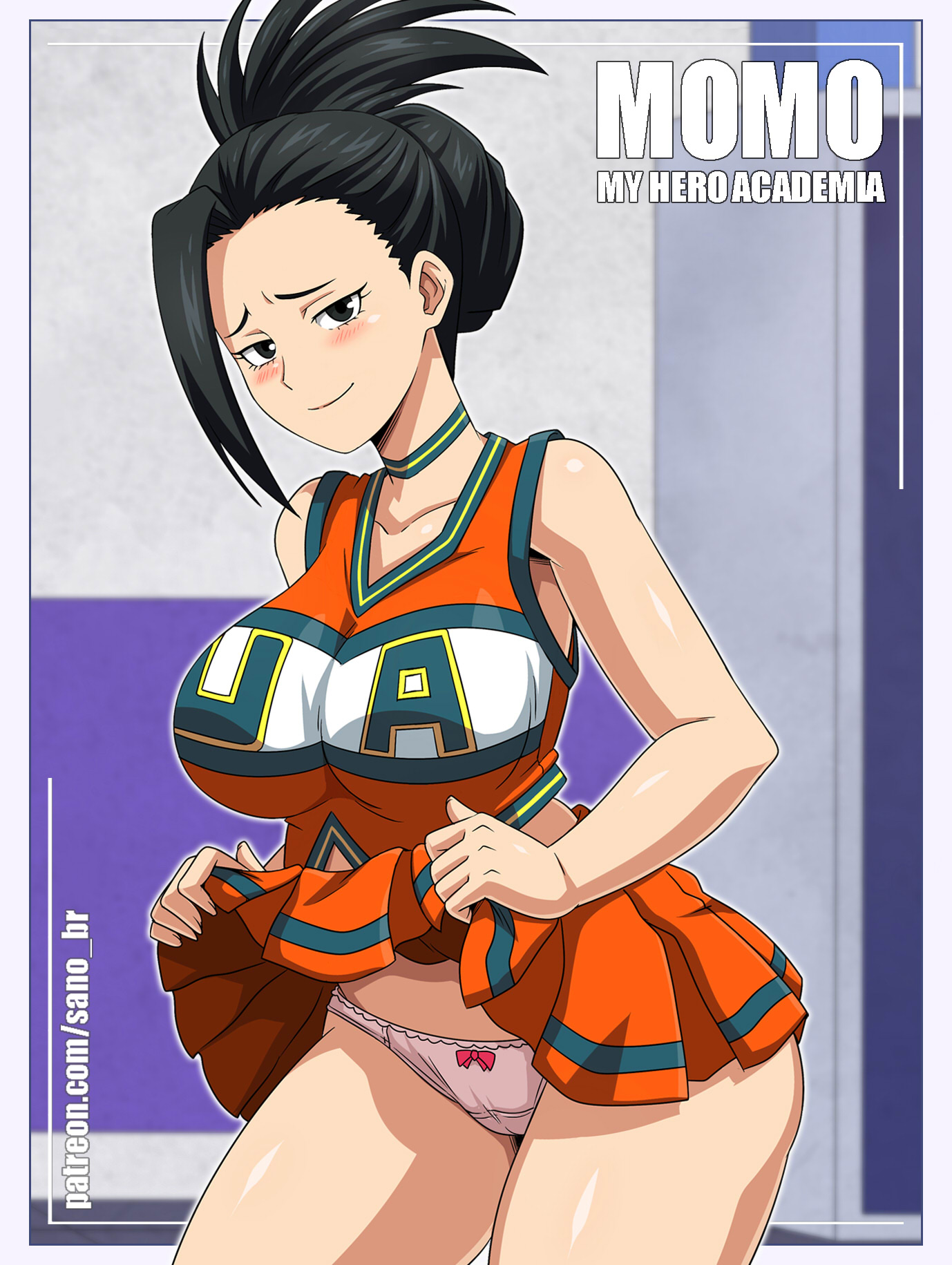 1girls, bangs, bare shoulders, big breasts, black eyes, black hair, black-haired female, blush, bow, bow panties, breasts, character name, cheerleader, cheerleader uniform, choker, clothes lift, crop top, female, female only, fully clothed, hair pulled back, highres, large breasts, lifted by self, lifting skirt, light skin, light-skinned female, looking at viewer, momo yaoyorozu, my hero academia, orange skirt, panties, patreon, patreon username, pink panties, ponytail, sano-br, shiny, shiny skin, shounen jump, skirt, skirt lift, sleeveless, smile, solo, solo female, tied hair, u.a. cheerleader outfit, underwear