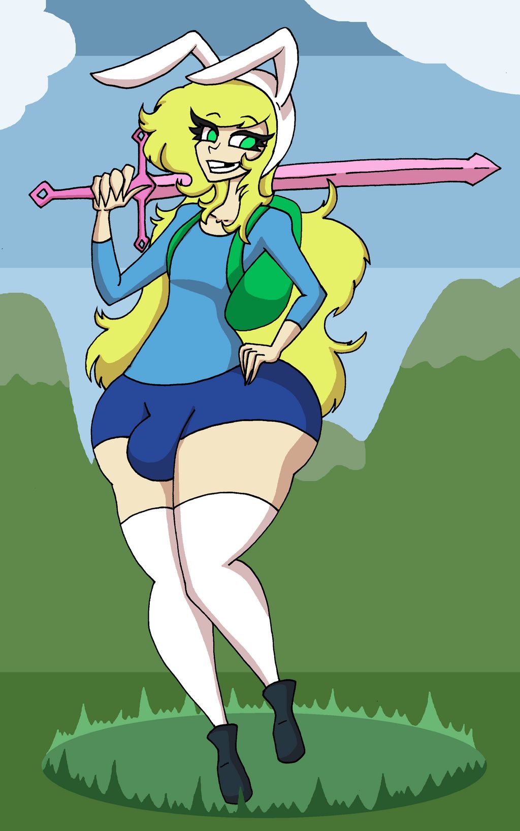 1boy, adventure time, backpack, blonde hair, bulge, bunny hood, da-fuze, female, femboy, finn the human, fionna the human girl, green eyes, hand on hip, long hair, male, male only, missing tooth, smile, smiling, solo male, stockings, sword