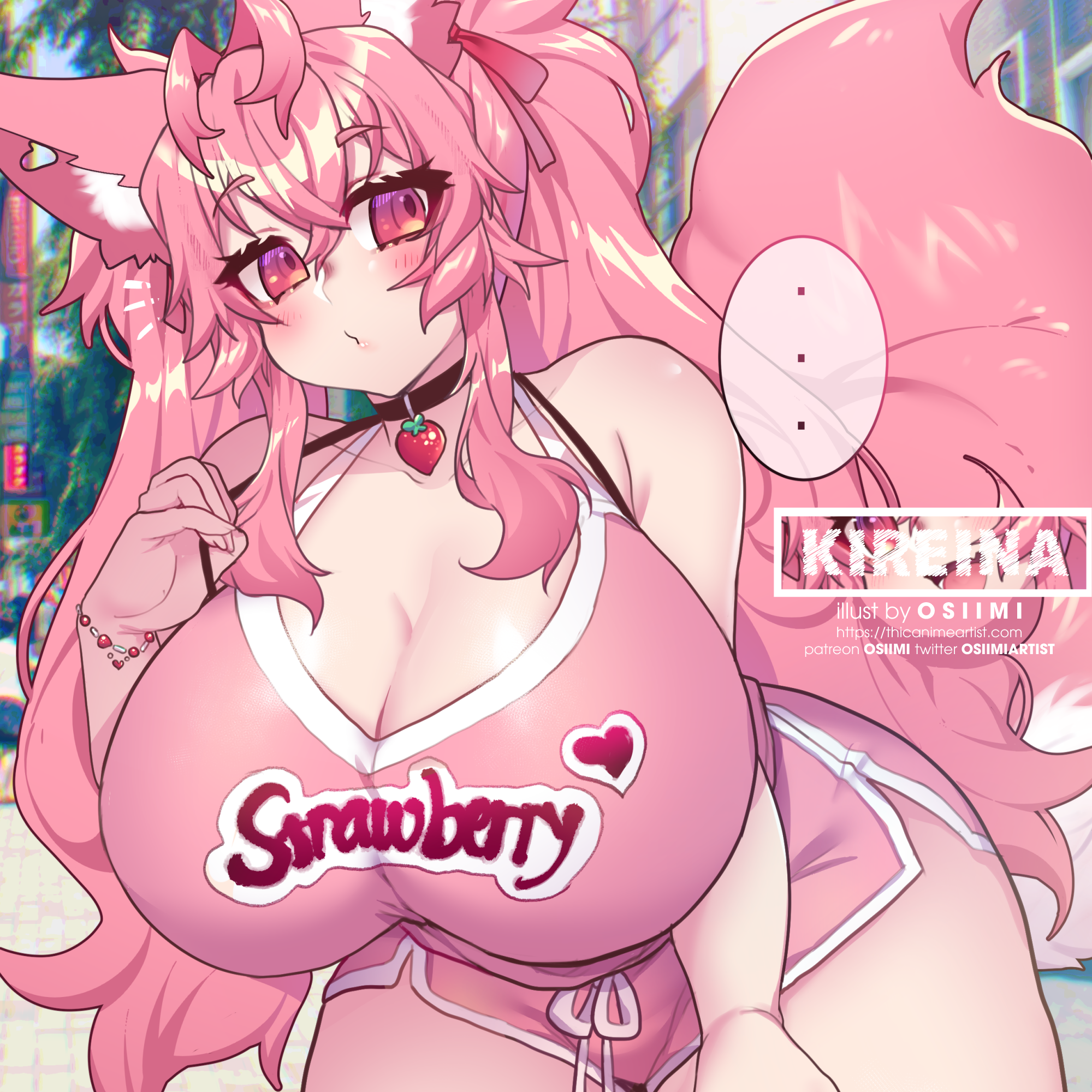 bent over, breasts, choker, english text, female, fox, fox ears, fox girl, fox tail, gym shorts, huge breasts, kireina pinky fox, looking away, mole on breast, original, osiimi, pink fur, pinky fox (osiimi), shorts, surprised, tank top, thick thighs, thighhighs, twintails, virtual youtuber