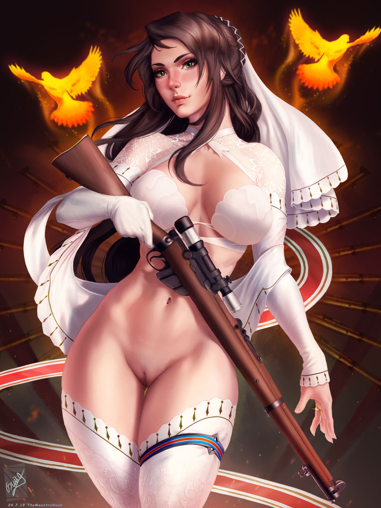 bottomless, bra, bride, brown hair, female, girls' frontline, green eyes, gun, lee-enfield (girls' frontline), long hair, no panties, nude, nude bride, nude female, pussy, rifle, shaved pussy, sniper rifle, themaestronoob, white bra