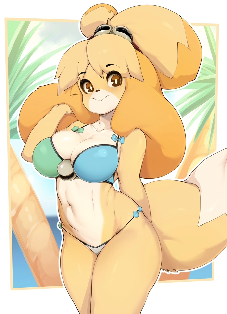 1girls, animal crossing, anthro, big breasts, bikini, breasts, canid, canine, canis, cleavage, clothing, domestic dog, eyebrows visible through hair, female, female only, furry, hi res, isabelle (animal crossing), looking at viewer, mammal, navel, nintendo, shih tzu, slugbox, solo, standing, swimwear, thick thighs, thighs, toy dog, video games