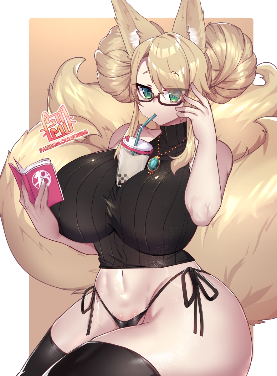 1girls blonde_fur blonde_hair boba_tea book bubble_tea_challenge fox fox_ears fox_girl fox_tail glasses green_eyes hairbun holding_book huge_breasts looking_at_viewer necklace object_between_breasts osiimi side-tie_panties sleeveless_turtleneck thick_thighs thighhighs twin_buns