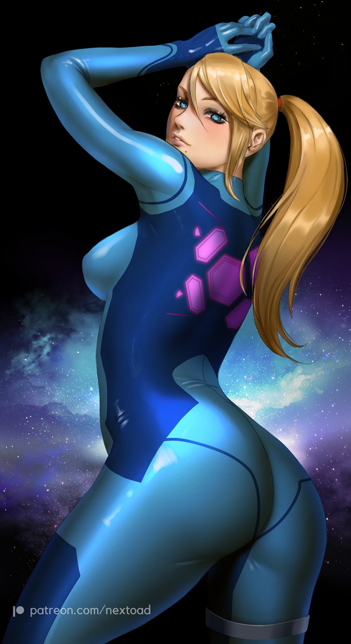1girls, arms up, ass, beauty mark, blonde hair, blue eyes, bodysuit, breasts, curvy, female, looking at viewer, medium breasts, metroid, mole under mouth, nextoad, nintendo, posing, samus aran, skin tight, space, zero suit, zero suit samus