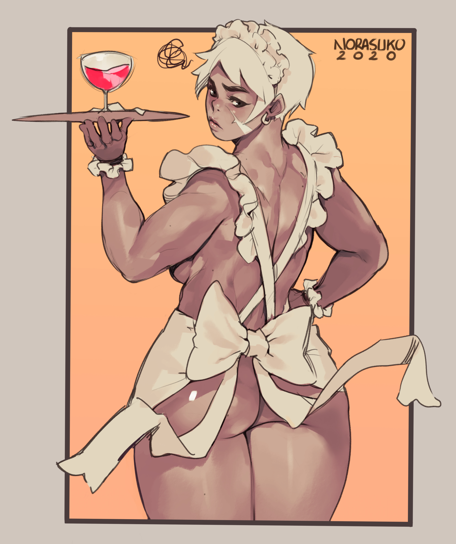 1girls, apron, apron only, ass, back muscles, dark skin, dark-skinned female, female, female only, muscles, muscular, muscular female, naked apron, norasuko, original, ramona (norasuko), solo