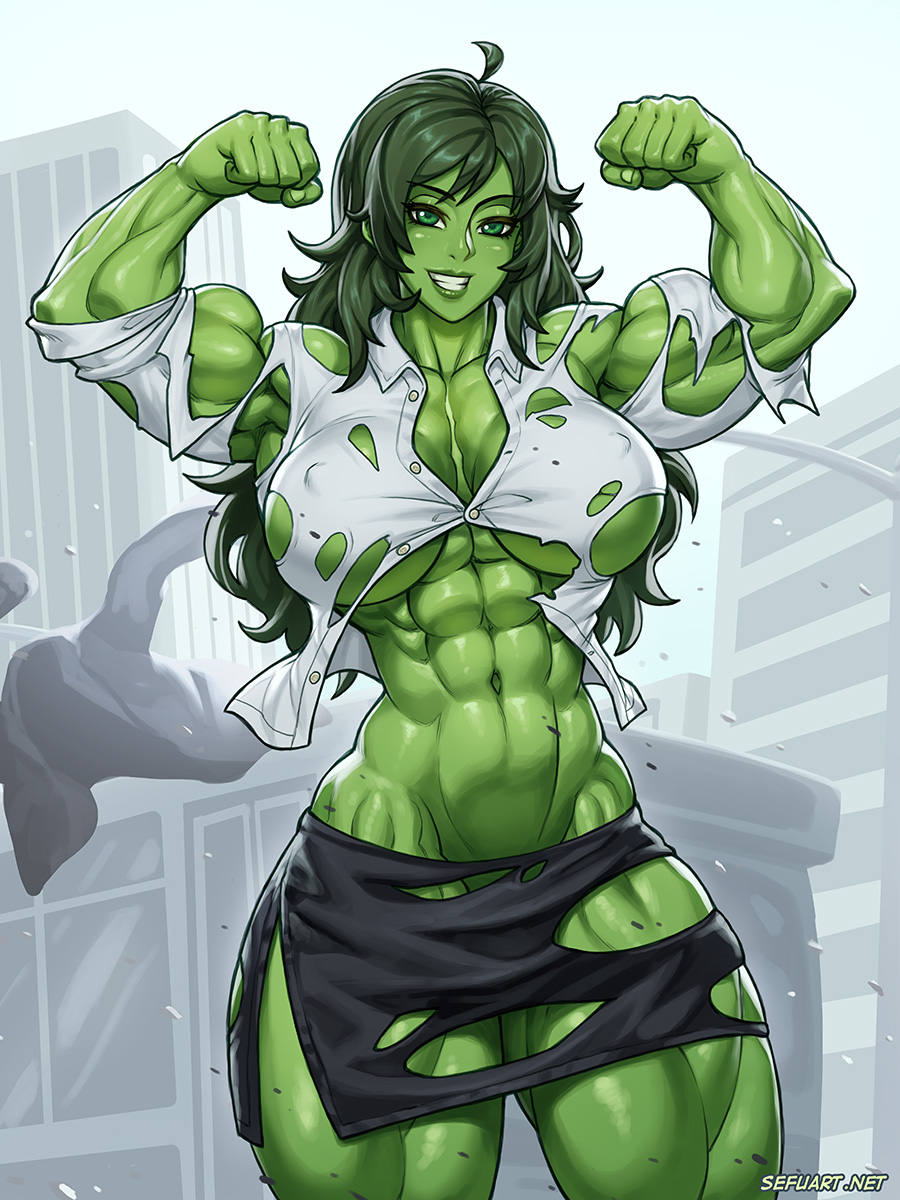 1girls abs ahoge biceps big_breasts business_suit business_woman female female_only flexing flexing_bicep flexing_both_biceps green_eyes green_hair green_skin hourglass_figure huge_breasts hulk_(series) large_breasts long_hair looking_at_viewer marvel marvel_comics midriff muscles muscular muscular_female muscular_thighs navel office_lady ripped_clothes sefuart she-hulk slim_waist smile solo thick_thighs torn_clothes