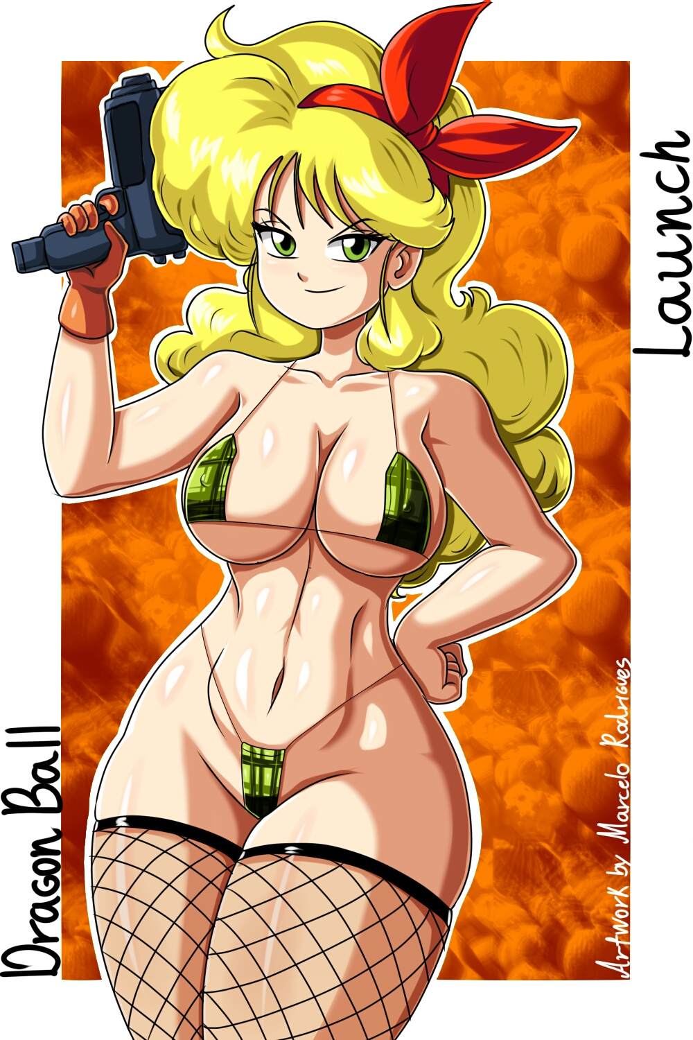 1girls bad_launch bikini blonde_hair cleavage curly_hair curvy dragon_ball dragon_ball_(classic) dragon_ball_z female female_only fishnet_stockings green_eyes gun huge_breasts launch micro_bikini ribbon rodriguesd-marcelo solo submachine_gun very_long_hair voluptuous weapon