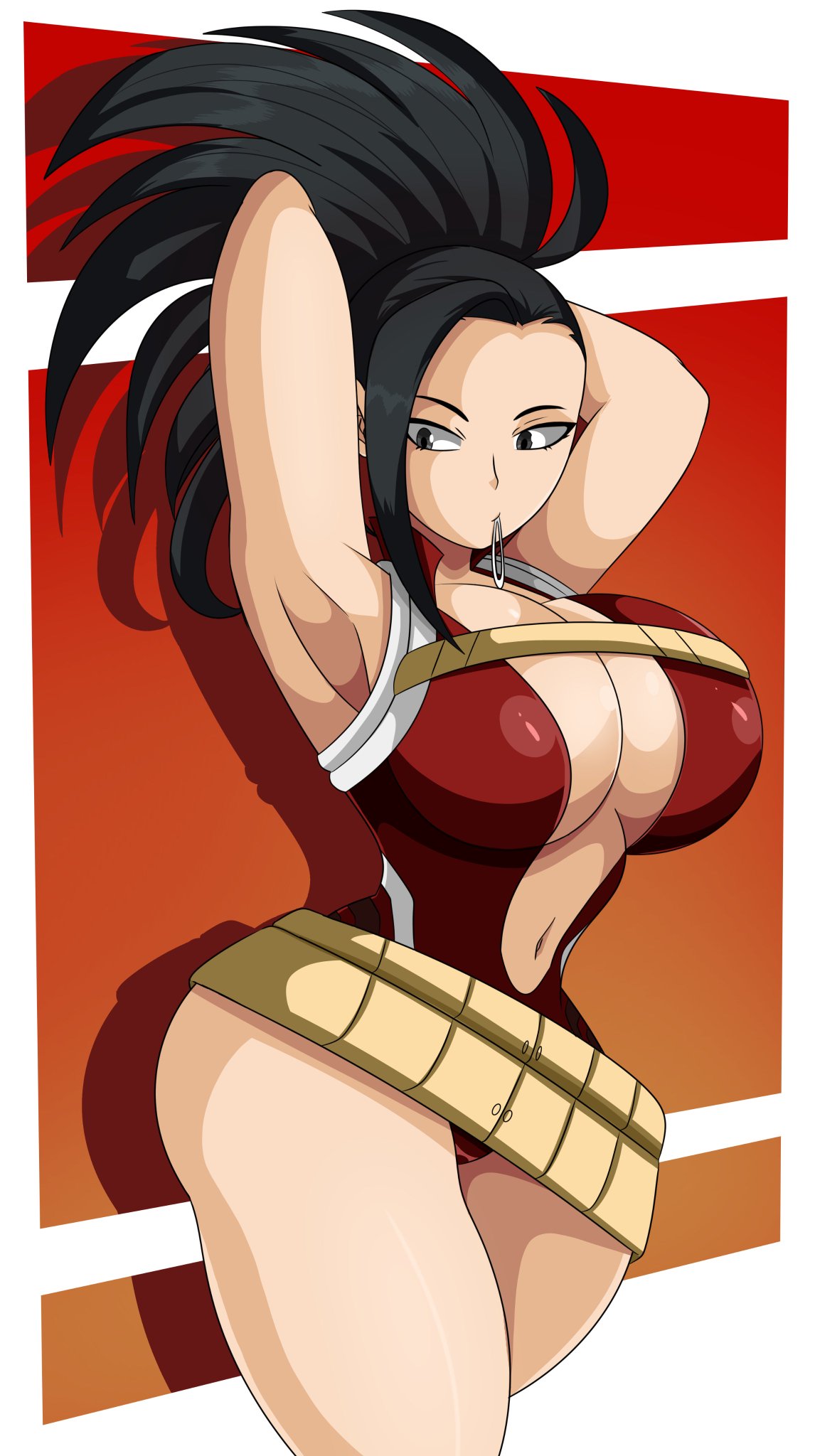 1girls, alternate breast size, armpits, arms behind head, arms up, ass, belly, belt, big breasts, black hair, black-haired female, breasts, cleavage, clothed, clothed female, female, female only, grey eyes, hero outfit (mha), human, human female, leotard, light-skinned female, long hair, looking at viewer, midriff, momo yaoyorozu, momo yaoyorozu (hero outfit), mouth hold, my hero academia, navel, ponytail, red background, solo, solo female, sonson-sensei, source request, superheroine, thick thighs, white border, wide hips