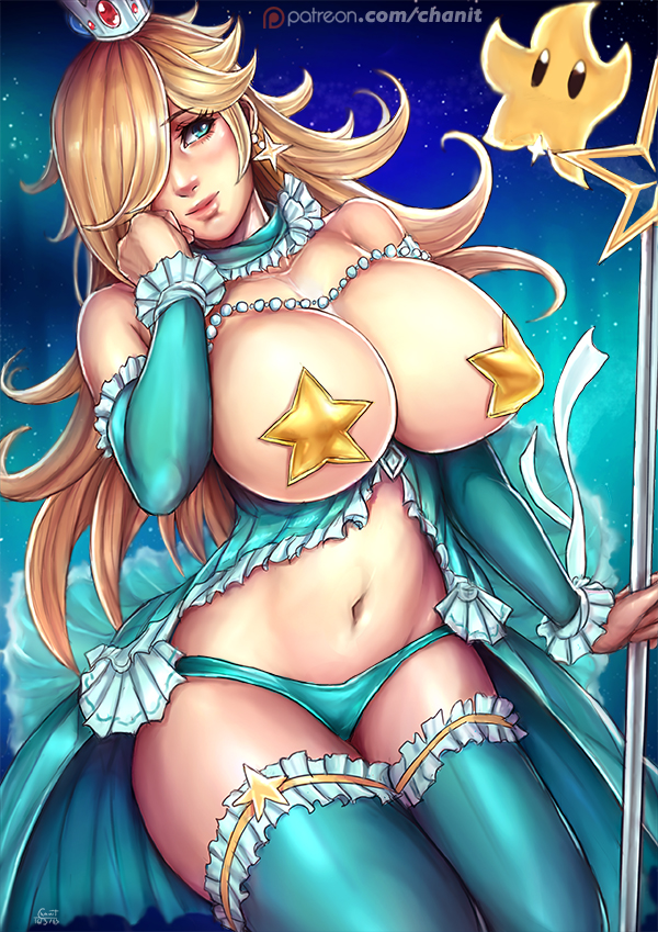 1girls, abs, alternate breast size, alternate outfit, big breasts, blonde female, breasts, cleavage, female, female only, hair over one eye, kachima, large breasts, looking at viewer, mario (series), nintendo, patreon, princess rosalina, solo, super mario galaxy, text, thighhighs, url, watermark