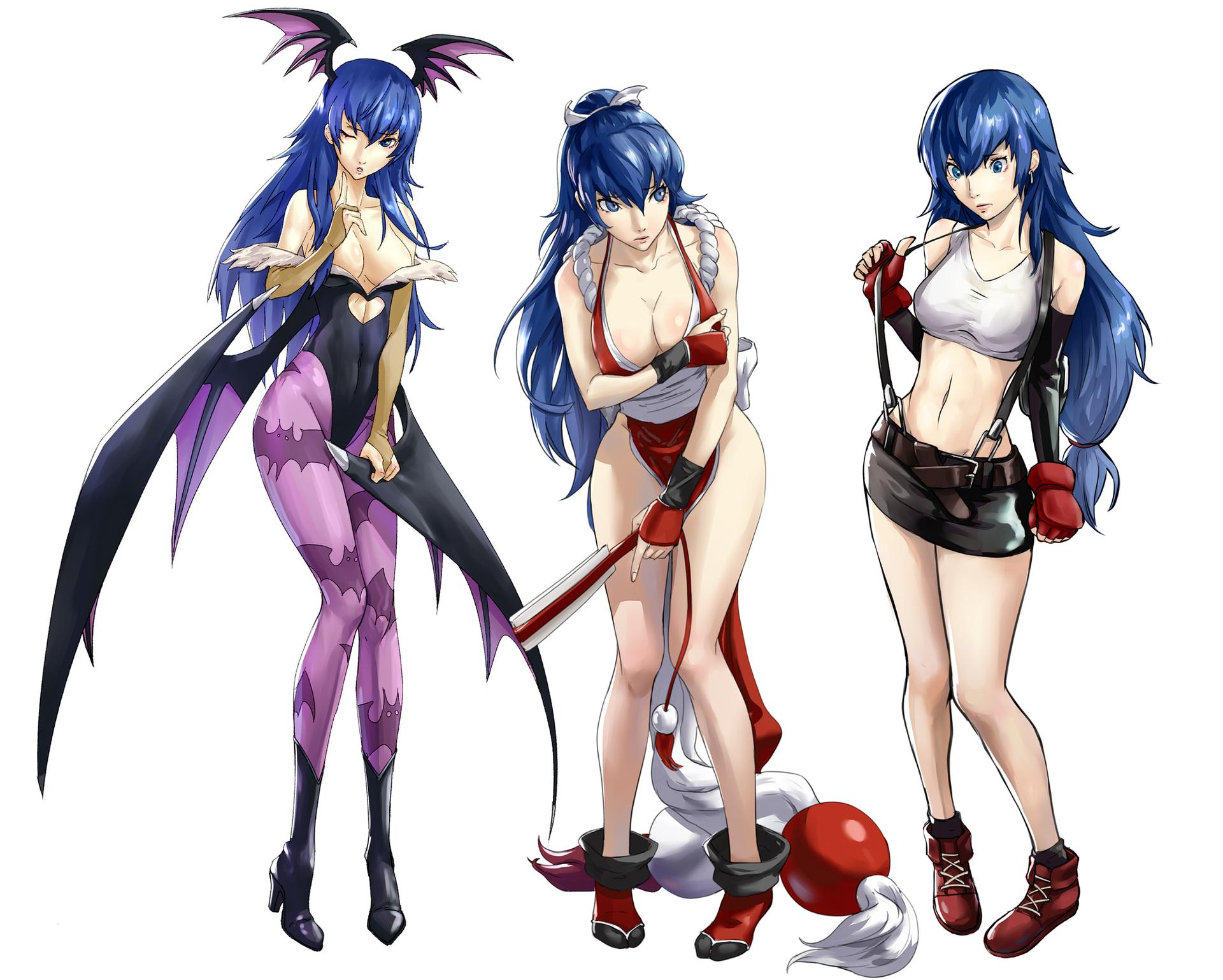 1girls, alternate hair length, alternate hairstyle, animal print, bat print, bat wings, big breasts, black boots, black heels, black high heel boots, black high heels, black leotard, blue hair, boots, breasts, cleavage, clothing, cosplay, darkstalkers, dress, fan, fatal fury, female, female only, final fantasy, final fantasy vii, folding fan, gloves, head wings, heels, high heel boots, high heels, king of fighters, leotard, long hair, mai shiranui (cosplay), medium breasts, megami tensei, midriff, morrigan aensland (cosplay), navel, ozkh, persona, persona 4, persona x detective naoto, shirogane naoto, short skirt, skirt, suspenders, tank top, tifa lockhart (cosplay), vampire (game), white background, wings