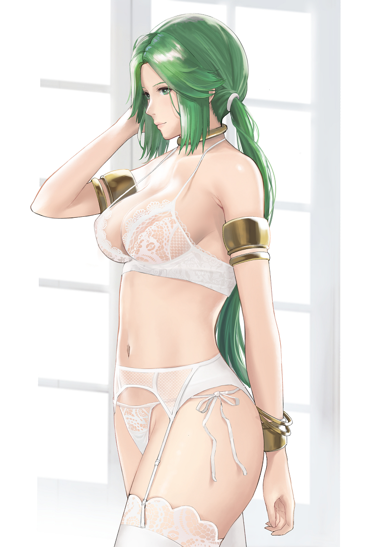 1girls, alternate hairstyle, female, green hair, j@ck, kid icarus, kid icarus uprising, lingerie, long hair, palutena, side view, source request, tagme