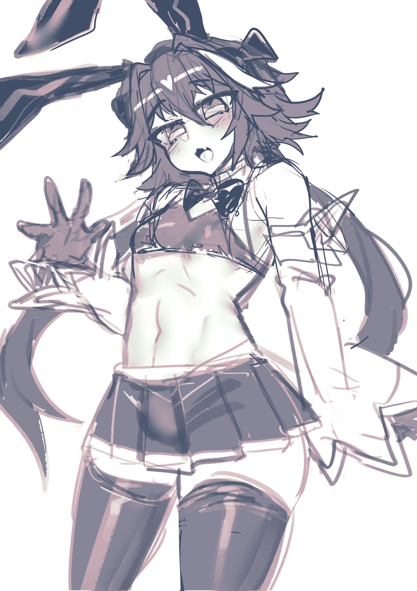 1boy, astolfo (fate), astolfo (saber) (fate), blush, bulge, bunny boy, bunny ears, fate (series), fate/apocrypha, fate/grand order, looking at viewer, male, male focus, midriff, oerba yun fang, osiimi, skirt, solo, thighhighs, trap