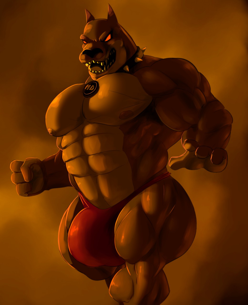 anthro brown_fur bulge canine courage_the_cowardly_dog doberman guzreuef mad_dog_(courage_the_cowardly_dog) male male_only muscles muscular muscular_male solo speedo