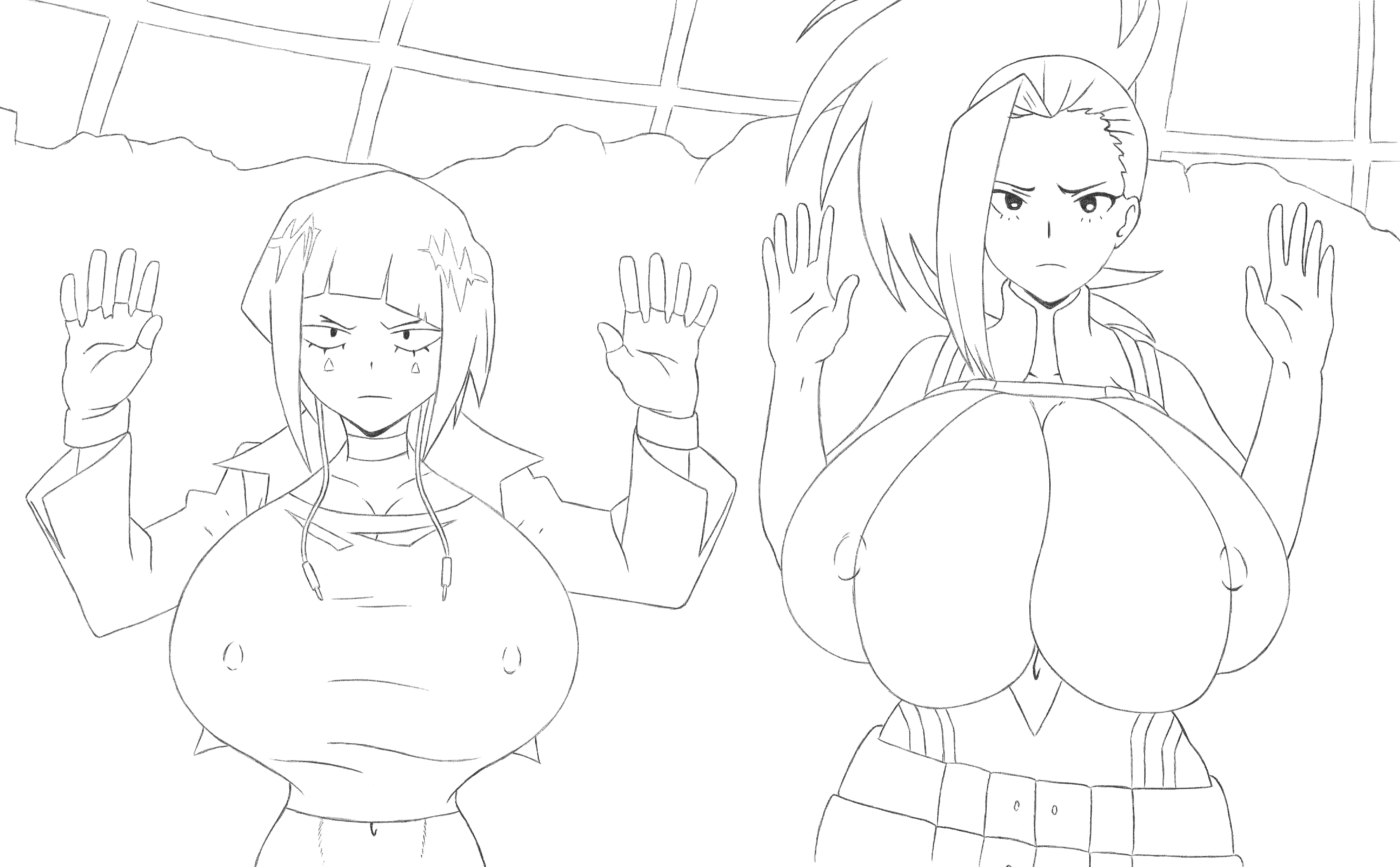 bananarama (artist), breast expansion, breast growth, breast growth (enlargement), breasts, canonical scene, expansion, female, gigantic breasts, kyoka jiro, line art, momo yaoyorozu, my hero academia, nipple bulge, overflowing breasts, screenshot edit