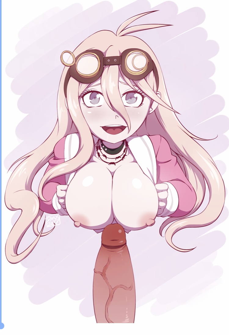 1boy, 1girls, blonde hair, breasts, choker, danganronpa, danganronpa v3, dmxwoops, faceless male, female, goggles, goggles on head, huge breasts, huge cock, iruma miu, jacket, looking at viewer, male, necklace, nipples, penis, smooth skin, straight hair