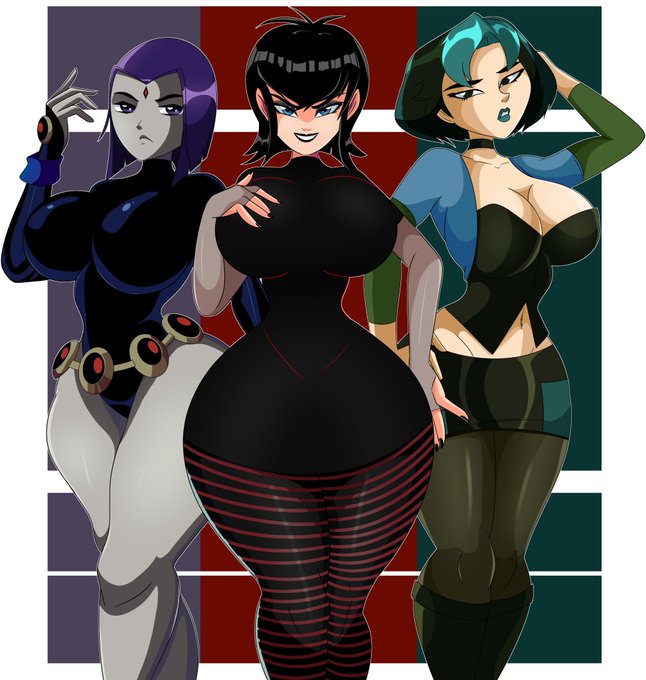 3girls alternate_breast_size belt big_breasts black_choker black_eyes black_hair black_legwear black_nail_polish black_nails black_stockings blue_eyes blue_lipstick boots cartoon_network choker cleavage clothed clothing color colored_background colored_hair covered_breasts covered_navel covered_nipples crossover dc dc_comics dress expressionless female female_only fingerless_arm_sleeves fingernails goth green_hair grey_skin gwen_(tdi) half_demon hand_behind_head hand_on_breast hand_on_hip hotel_transylvania huge_breasts human large_breasts looking_at_viewer mavis_dracula miniskirt multicolored_hair nail_polish navel one_piece_dress pale-skinned_female purple_eyes purple_hair rachel_roth raised_arm raven_(dc) short_hair simple_background skirt smile smiling sonson-sensei stockings striped_legwear striped_stockings superheroine teen_titans teeth teeth_showing thick_thighs thin_waist total_drama_island vampire wide_hips