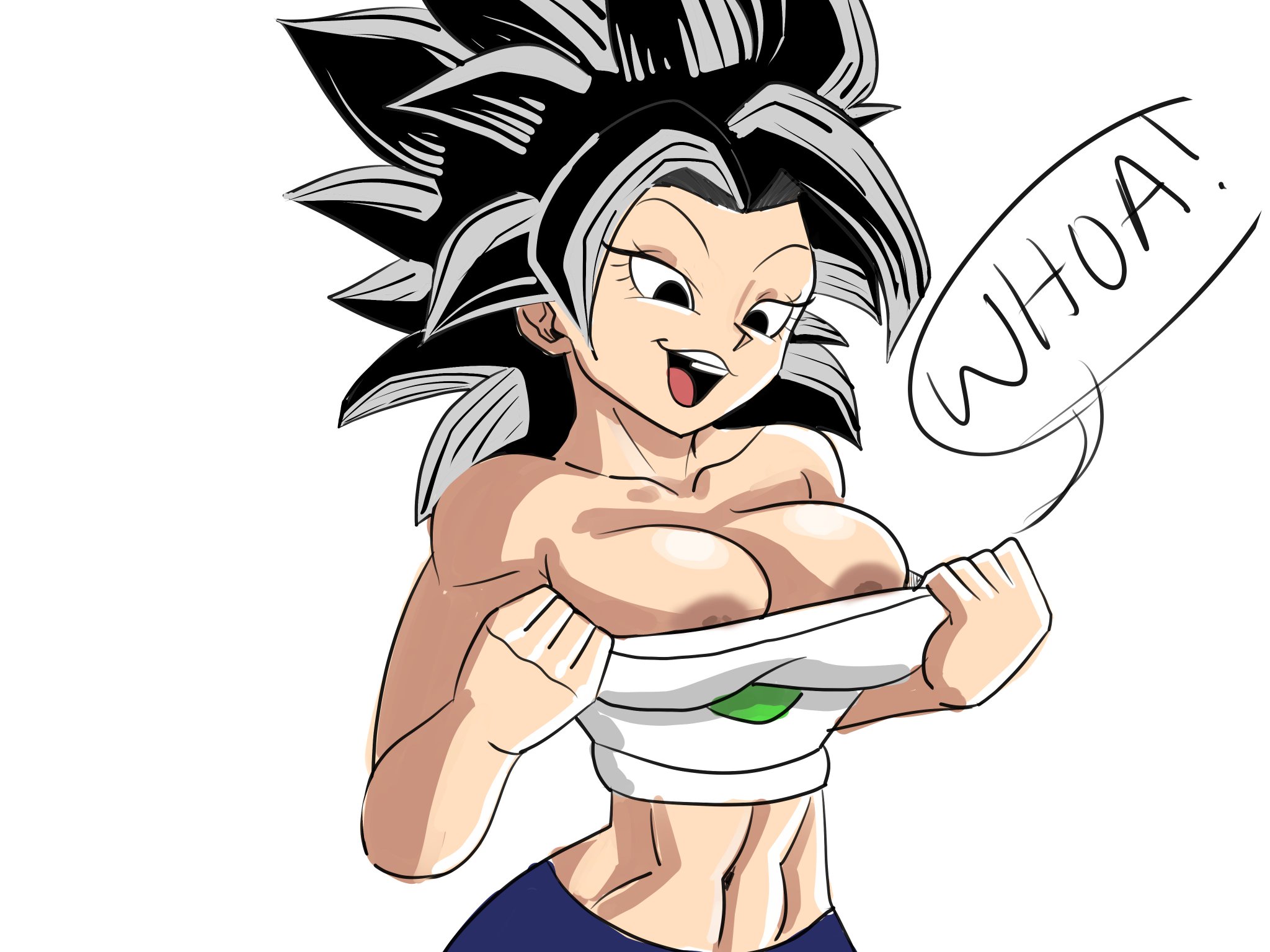 1girls, areolae, areolae slip, big breasts, black eyes, black hair, breasts, caulifla, color, colored, dragon ball, dragon ball super, exposed nipples, female, female only, female saiyan, flashing, midriff, muscular, muscular female, navel, nipples, no bra, open mouth, pants, pseudocel, saiyan, solo, speech bubble, spiky hair, stomach, tagme, uncensored, universe 6 saiyan/universe 7 saiyan, universe 6/universe 7, white background
