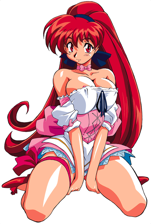 1girls 90s :3 akira_(viper) anna_miller areola_slip areolae bare_arms bare_shoulders bow breasts choker cleavage clothed clothing corset erect_nipples erect_nipples_under_clothes eyebrows_visible_through_hair feet female female_only frills full_body fully_clothed hair_ribbon heels kimura_takahiro kneeling large_breasts legwear long_hair long_ponytail looking_at_viewer matching_hair/eyes nipple_bulge official_art panties pantyshot pantyshot_(sitting) pink_clothing ponytail red_eyes red_hair ribbon ribbon_choker seductive simple_background sitting skirt smile sogna solo strap_slip thick_thighs thigh_ribbon thigh_strap thighs tied_hair underwear uniform v_arms very_long_hair viper_(series) viper_v16 waitress wariza white_background white_clothing white_panties