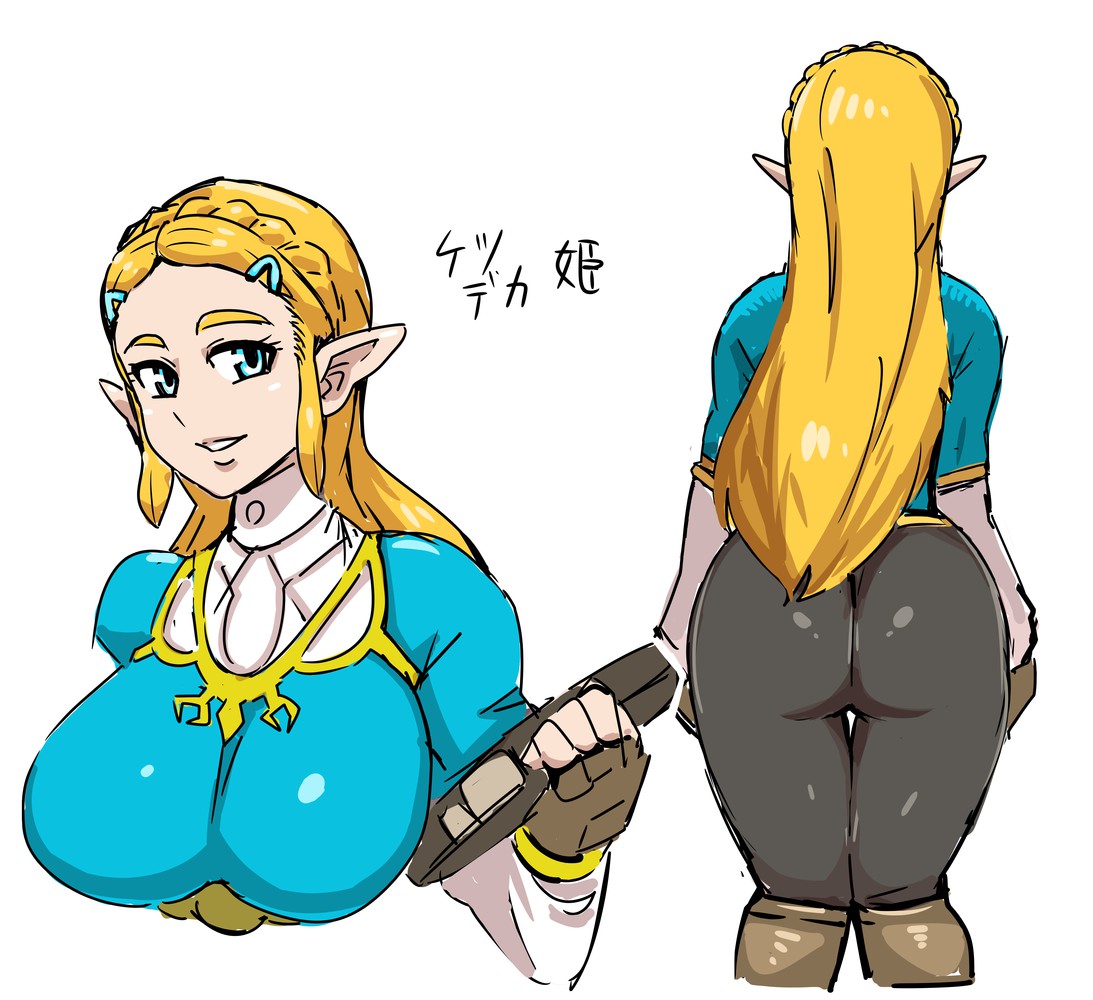 1girls, ass, big ass, big breasts, blonde hair, blue eyes, breasts, breath of the wild, demigoddess, female, female only, from behind, hair ornament, hylian, japanese text, kandenki, large ass, large breasts, leggings, long hair, pants, pointy ears, princess, princess zelda, royalty, skin tight, smile, text, the legend of zelda, thick thighs, tight pants, translated, zelda (breath of the wild)