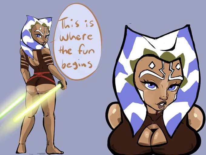 1girls ahsoka_tano ass bare_legs bare_shoulders barefoot bedroom_eyes behind_view belt big_ass big_breasts blue_eyes breasts cleavage cleavage_cutout clone_wars clothed clothing english_text female female_only foot green_lightsaber holding_sword large_breasts legs lightsaber nipples pseudocel rear_view shirt simple_background solo speech_bubble standing star_wars sword teeth text the_clone_wars:_season_four togruta viewed_from_behind