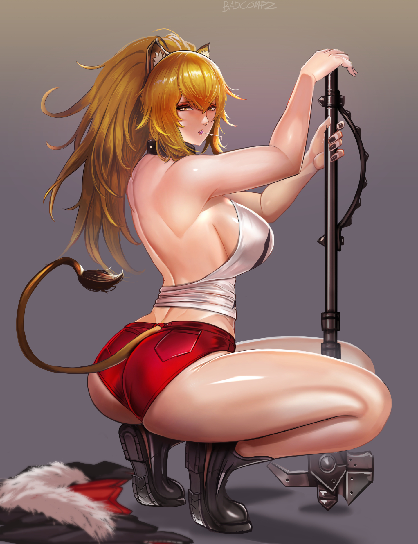 1girls, arknights, ass, badcompzero, big ass, big breasts, blush, breasts, cleavage, female, female only, large breasts, looking at viewer, looking back, siege (arknights), solo, thick thighs