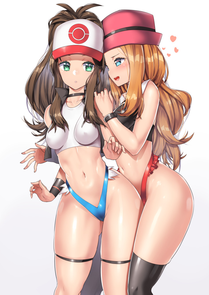 2girls abs alternate_breast_size alternate_outfit ass bare_shoulders belly big_ass big_breasts blonde_hair blue_eyes blush bracelet breasts brown_hair cleavage female female_only fit green_eyes half-closed_eyes hand_on_shoulder hat heart heart-shaped_pupils heavy_breathing highleg hilda_(pokemon) human impossible_clothes large_breasts long_hair looking_at_viewer midriff miniskirt nagase_haruhito navel nintendo open_mouth panties pokemon pokemon_bw pokemon_xy ponytail pose revealing_clothes serena_(pokemon) serena_(pokemon_games) shiny_skin skirt smile standing straps sweatband thick_thighs thigh_gap thighhighs tongue vest white_background wide_hips yuri