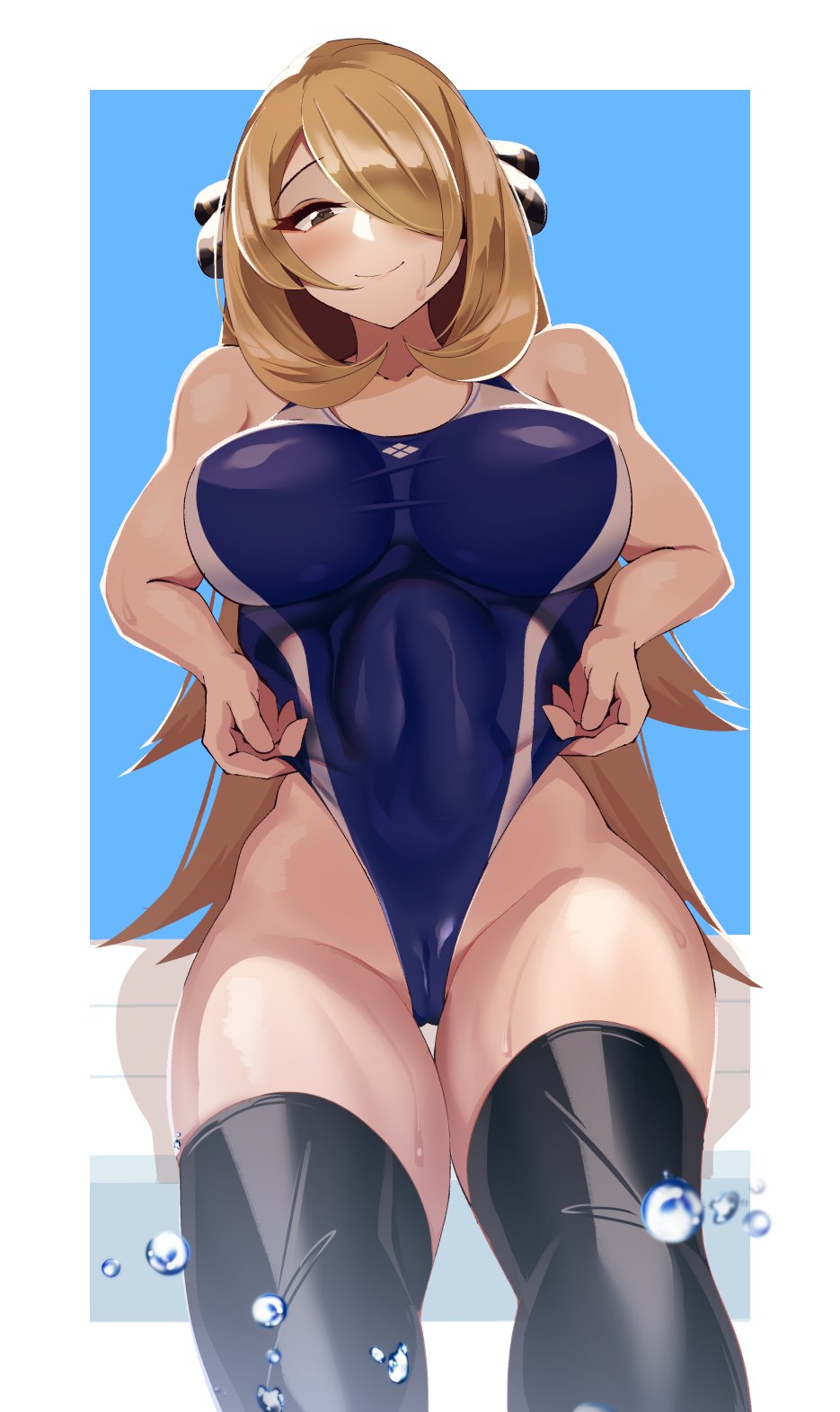 1girls alternate_lighting big_breasts black_eyes black_thighhighs blonde_hair blue_swimsuit breasts clothing cynthia_(pokemon) female female_only game_freak hair hair_ornament hair_over_one_eye hips huge_breasts long_hair mature mature_female milf one-piece_swimsuit pokemon pokemon_dppt solo solo_female swimsuit swimwear thick_thighs thighhighs thighs volyz wet wet_thighs