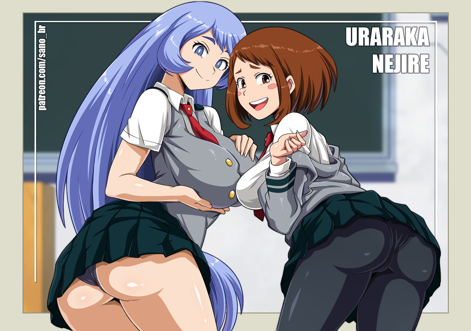 2girls, ass, bimbo, blue eyes, blue hair, blue-haired female, breast press, breasts, brown eyes, brown hair, brown-haired female, classroom, clothed, female, fully clothed, large breasts, long hair, looking at viewer, looking back, my hero academia, nejire hado, ochako uraraka, panties, pantyhose, pantyshot, sano-br, school, school uniform, short hair, skirt, smile, teenager, u.a. school uniform, upskirt