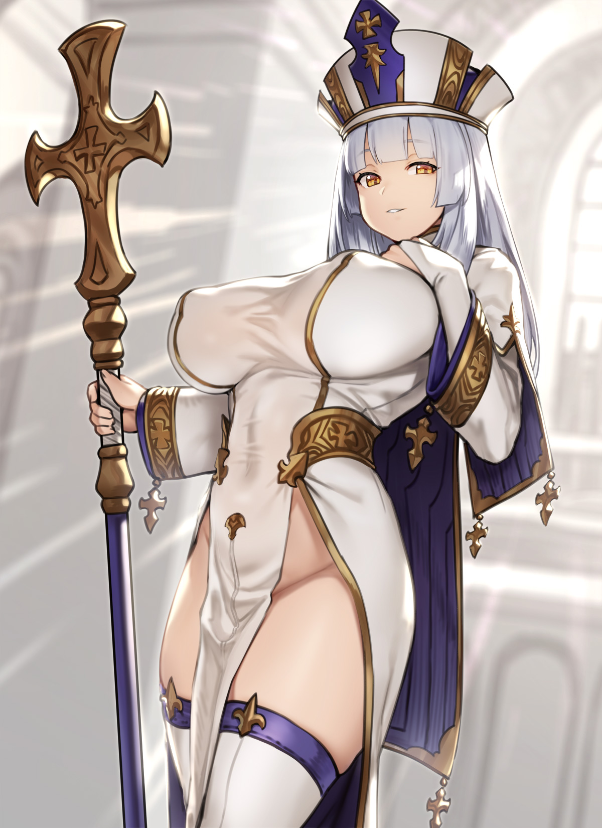 1girls, backlighting, bangs, breasts, bridal gauntlets, cleavage, covered nipples, female, female only, holding, houtengeki, huge breasts, large breasts, long hair, long sleeves, looking at viewer, mitre, nipple bulge, no panties, nun, original, pelvic curtain, priestess, silver hair, solo, staff, standing, thighhighs, thighs, white dress, white headwear, white legwear