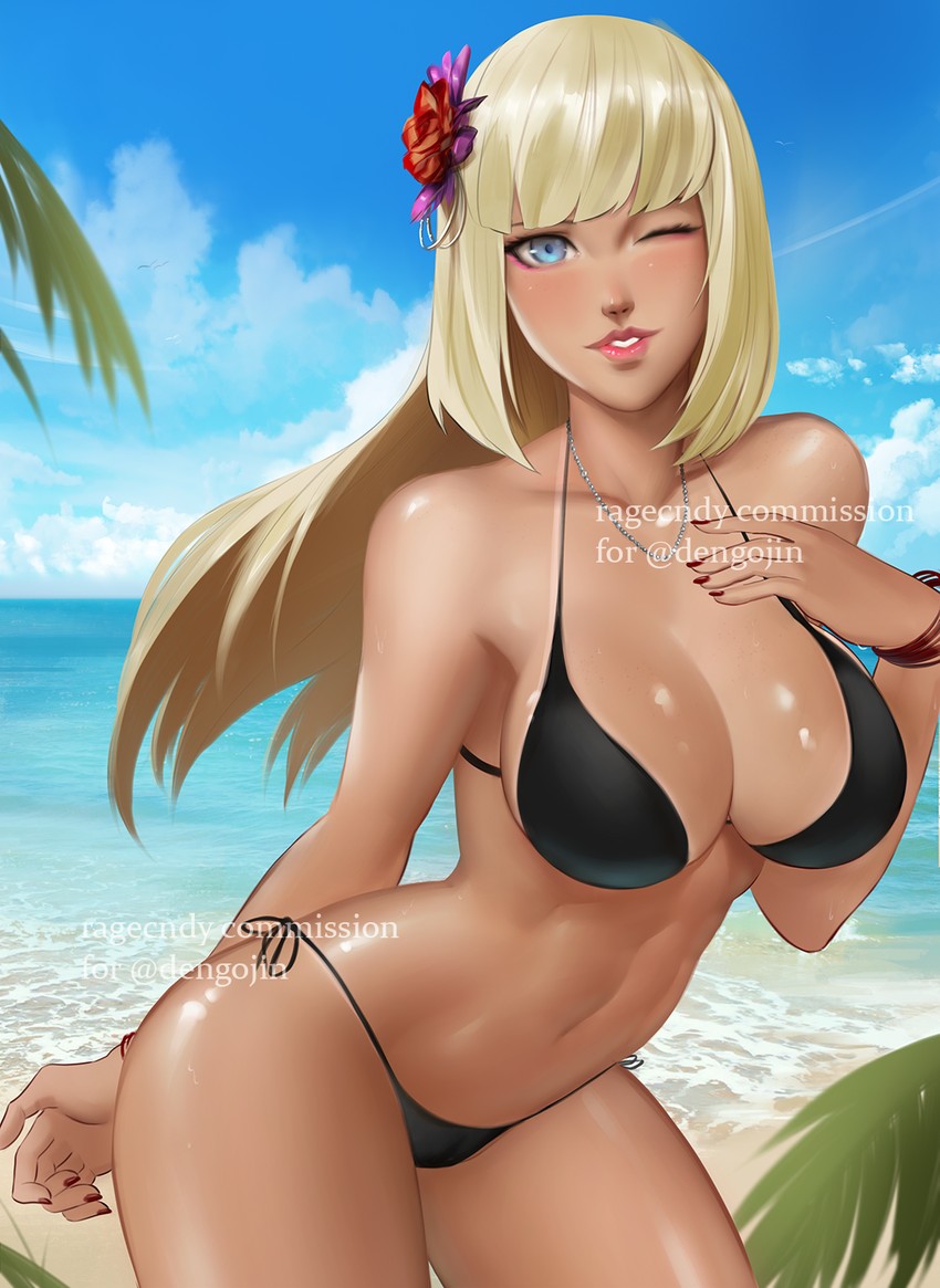 ;) bangs beach bikini bikini_tan black_bikini blonde_hair blue_sky bracelet breasts cleavage commission contrapposto dark_skin day emilie_de_rochefort eyeliner female flower hair_flower hair_ornament highres hime_cut jewelry large_breasts lips lipstick long_hair makeup nail_polish navel necklace nose ocean one_eye_closed pearl_necklace ragecndy shiny shiny_skin side-tie_bikini sky smile solo sweat swimsuit tan tanline tekken toned watermark