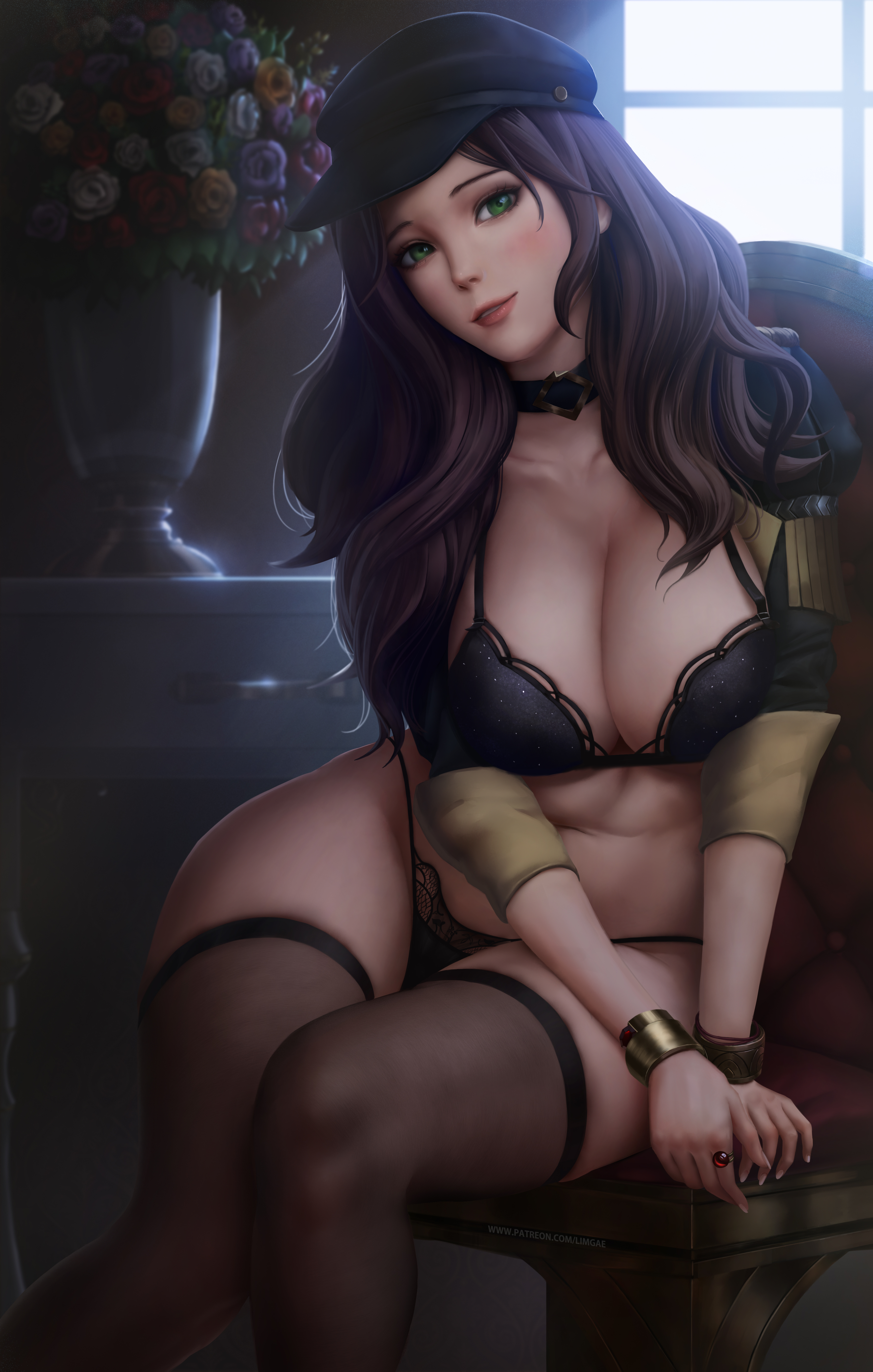 1girls, absurdres, big breasts, black bra, black legwear, black panties, bra, bracelet, breasts, brown hair, choker, cleavage, dorothea arnault, female, female only, fire emblem, fire emblem: three houses, garreg mach monastery uniform, green eyes, hat, high resolution, highres, large breasts, legwear, limgae, lingerie, lips, looking at viewer, navel, panties, partially clothed, solo, source request, thighhighs