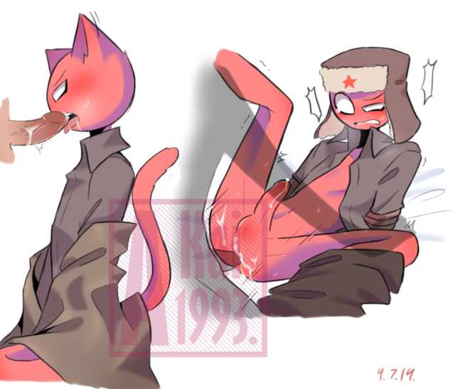 after sex, akai1993, anal penetration, anal sex, ass, blowjob, bottomless, boy rape, breasts, cat ears, cat tail, countryhumans, cum, cum in ass, cum inside, cum on breasts, furry, gay, looking pleasured, male, male only, nekomimi, penetration, pleasure face, sex, soviet union (countryhumans), watermark, yaoi