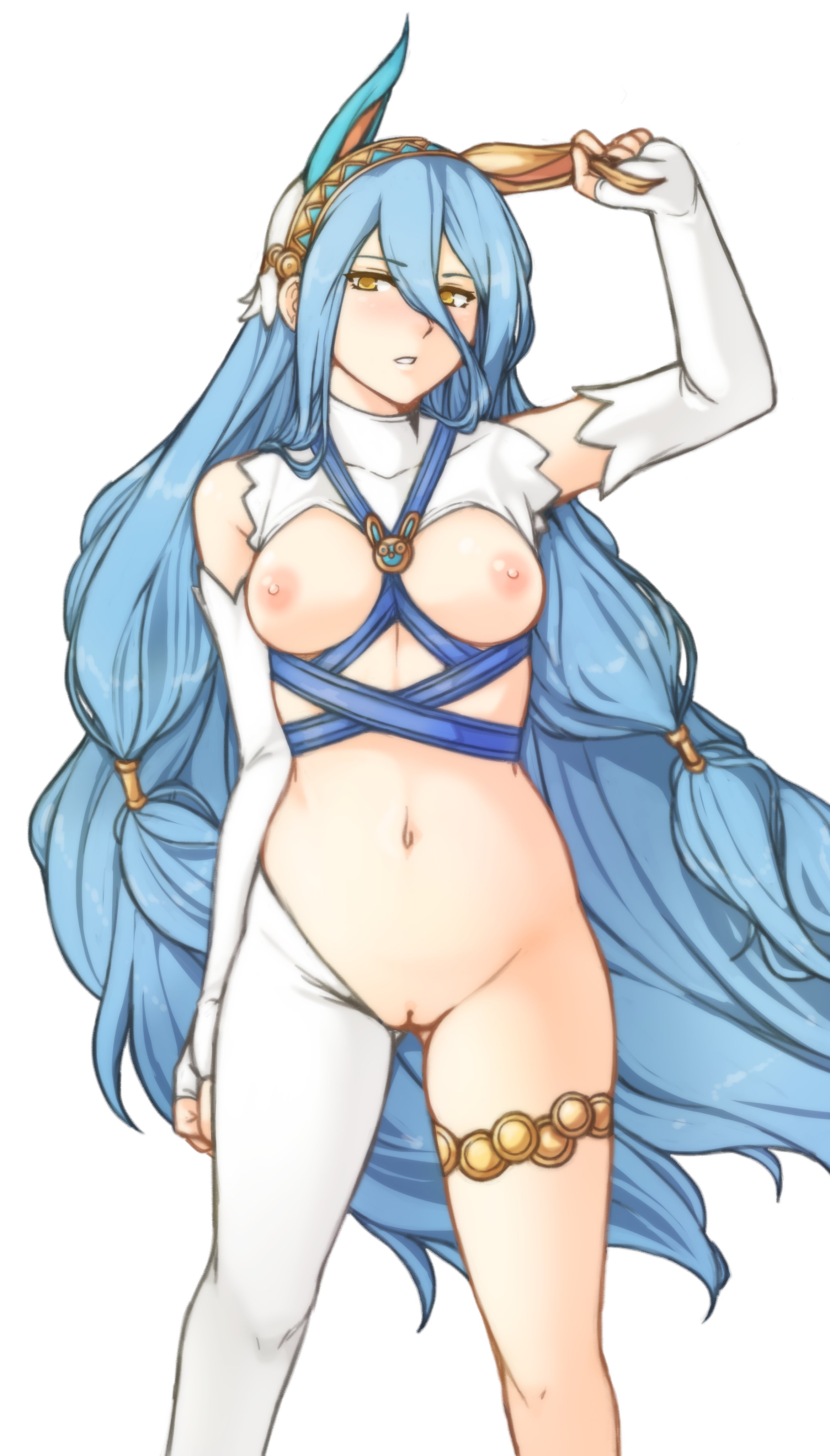 1girls, areolae, azura (fire emblem), bare midriff, blue hair, breasts, bunny ears, bunny girl, bunnysuit, female, female only, fire emblem, fire emblem fates, long hair, midriff, navel, nintendo, nipples, pussy, reverse bunnysuit, solo, tagme, tridisart, vagina, white background, yellow eyes