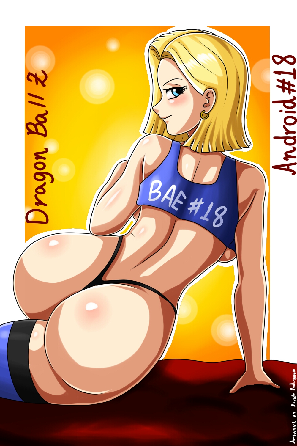 android 18, ass, big ass, blonde, blonde hair, blue eyes, bottom heavy, curvy, dragon ball, dragon ball super, dragon ball z, female, looking at viewer, looking back, milf, rodriguesd-marcelo, short hair, thick ass, thick legs, thick lips, thick thighs, thong, voluptuous, wide hips