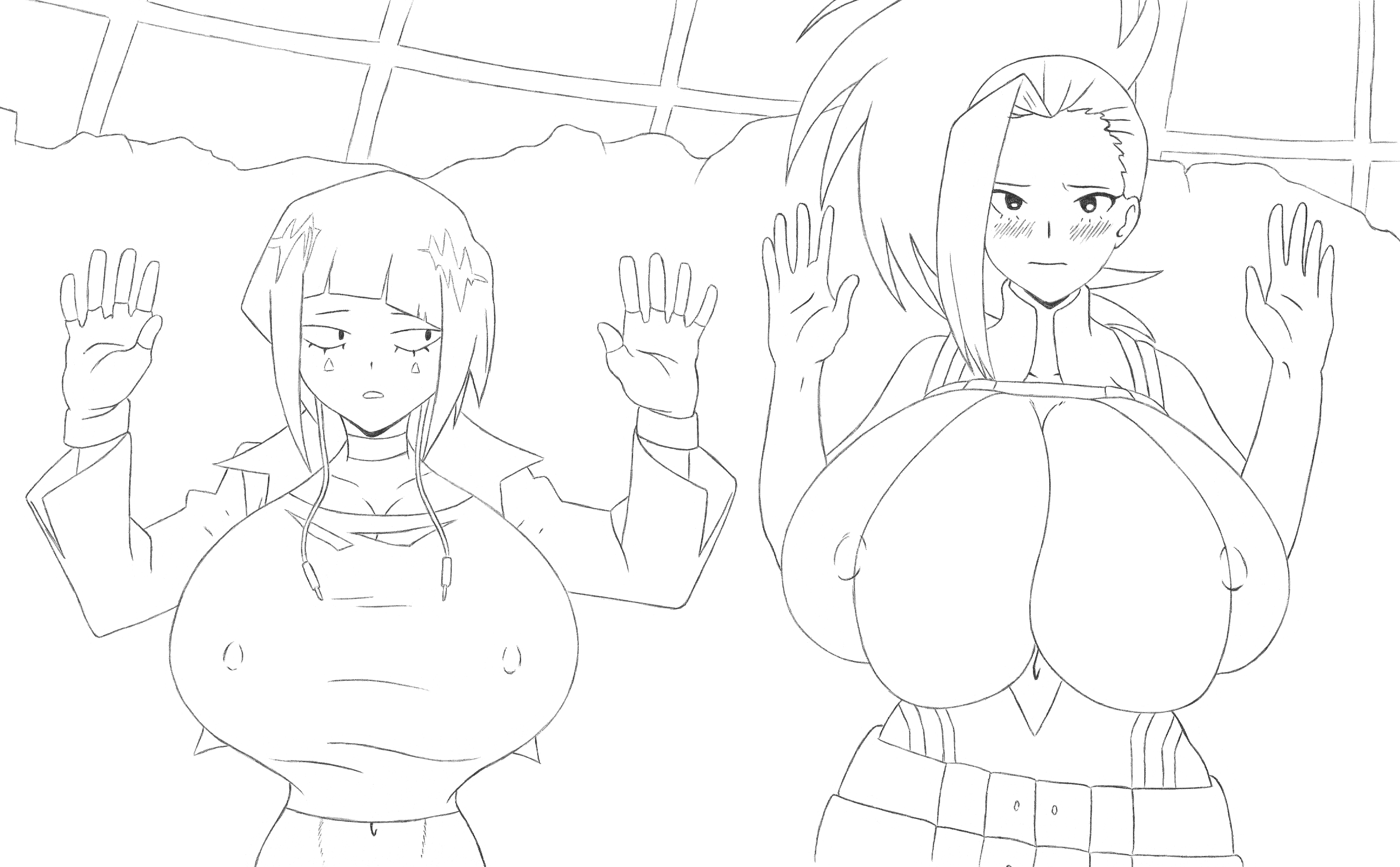 2girls, alternate breast size, bananarama (artist), bimbo, black and white, blush, breasts, female, female only, gigantic breasts, hands up, kyoka jiro, line art, momo yaoyorozu, monochrome, multiple females, multiple girls, my hero academia, nipple bulge, overflowing breasts, screenshot edit