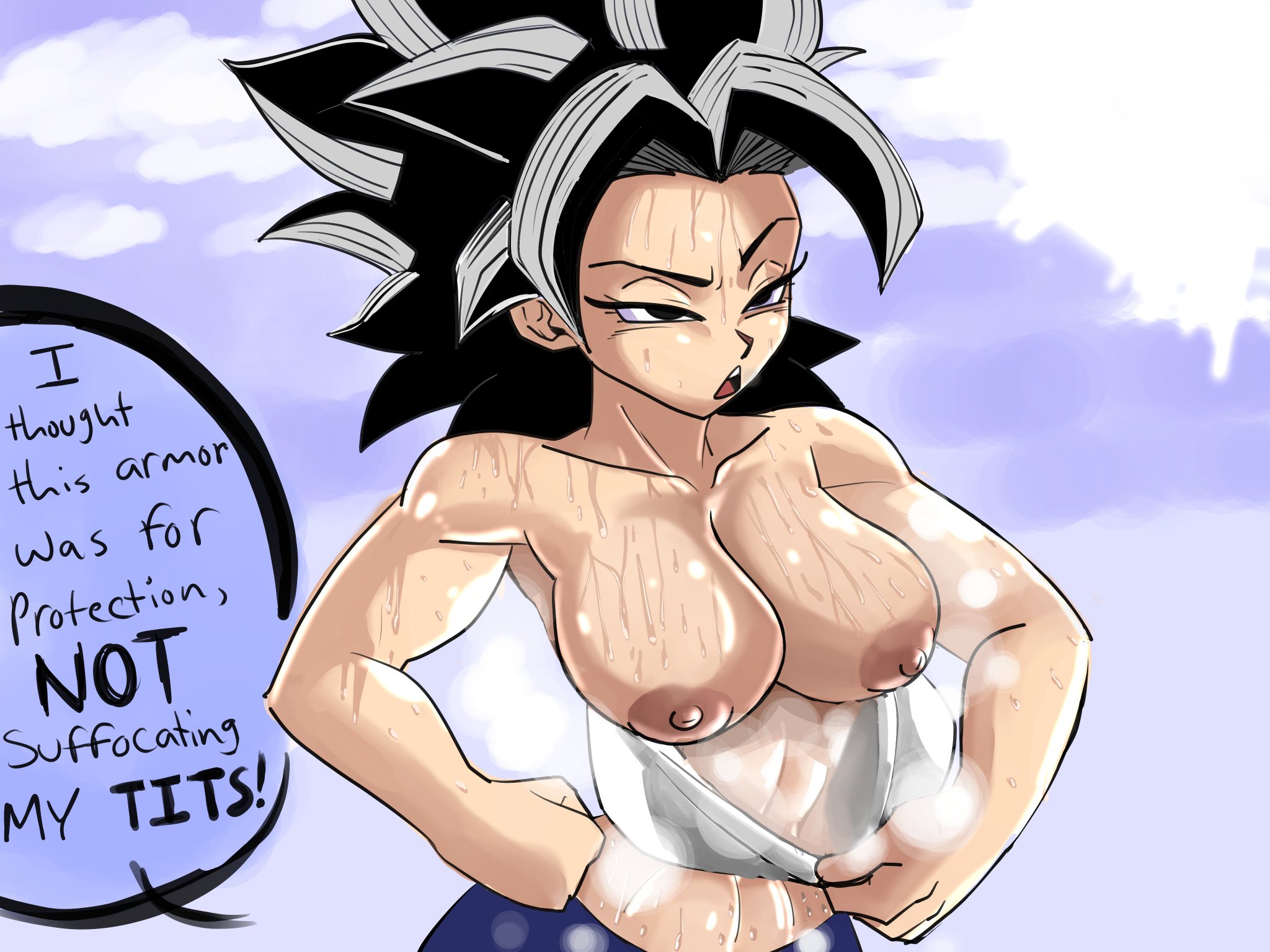 1girls, armor, big breasts, black eyes, black hair, breasts, breasts out, caulifla, dragon ball, dragon ball super, female, female only, female saiyan, huge breasts, light skin, light-skinned female, long hair, muscular, muscular female, musk, musk clouds, musky, pseudocel, saiyan, smell, smelly, solo, spiky hair, steam, steamy, sweat, sweatdrop, sweating, sweaty, uncensored, universe 6 saiyan/universe 7 saiyan, universe 6/universe 7