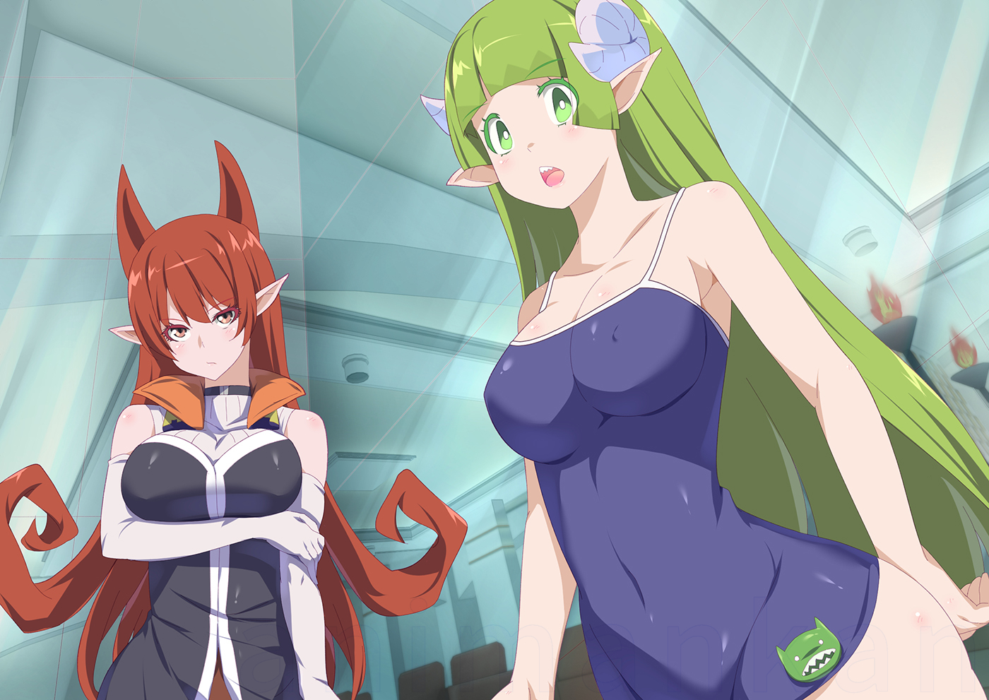 amber eyes, azazel ameri, big breasts, breasts, clothing, demon, demon girl, demon horns, dress, female, green eyebrows, green eyes, green hair, green horn, humanoid, long hair, mairimashita! iruma-kun, milf, orange eyes, pointy ears, red eyebrows, red eyes, red hair, swimsuit, valac clara