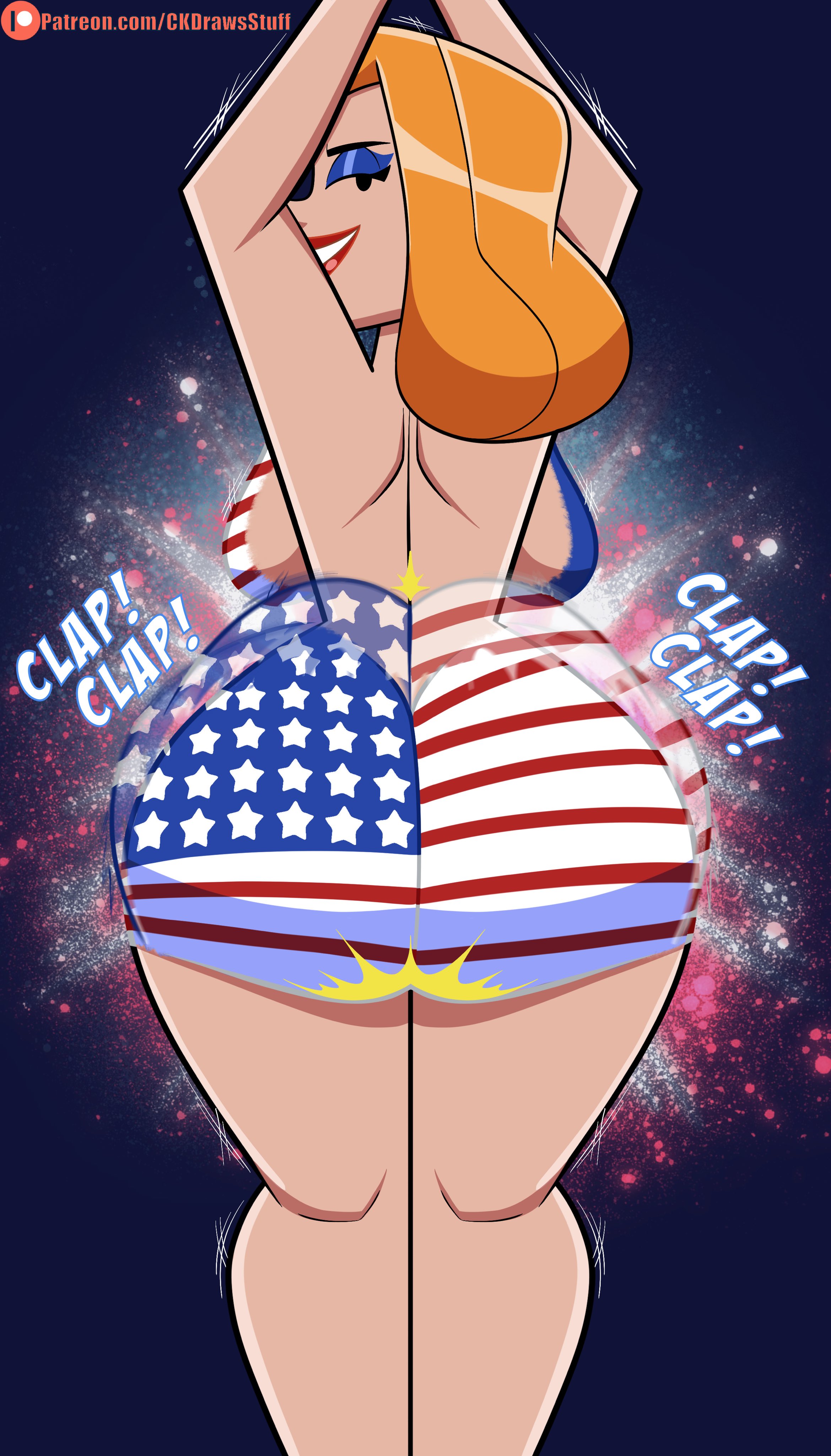 1girls, 4th of july, american flag, ass, ass clapping, ass shake, back, back view, backboob, big ass, big breasts, bodypaint, breasts, cartoon network, clapping cheeks, codykins123, female, fireworks, johnny bravo (series), light skin, light-skinned female, madeleine (johnny bravo), twerking