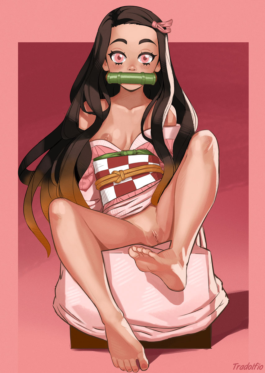 1girls, bare shoulders, barefoot, bit gag, black hair, black-haired female, blush, bottomless, breasts, brown hair, demon slayer, feet, female, gag, gradient, gradient hair, hair ribbon, hairless pussy, japanese clothes, kamado nezuko, kimetsu no yaiba, kimono, klimspree, long hair, looking at viewer, mouth hold, nipples, obi, open clothes, open kimono, pussy, ribbon, sitting, small breasts, soles, solo, spread legs, two-tone hair, uncensored, very long hair