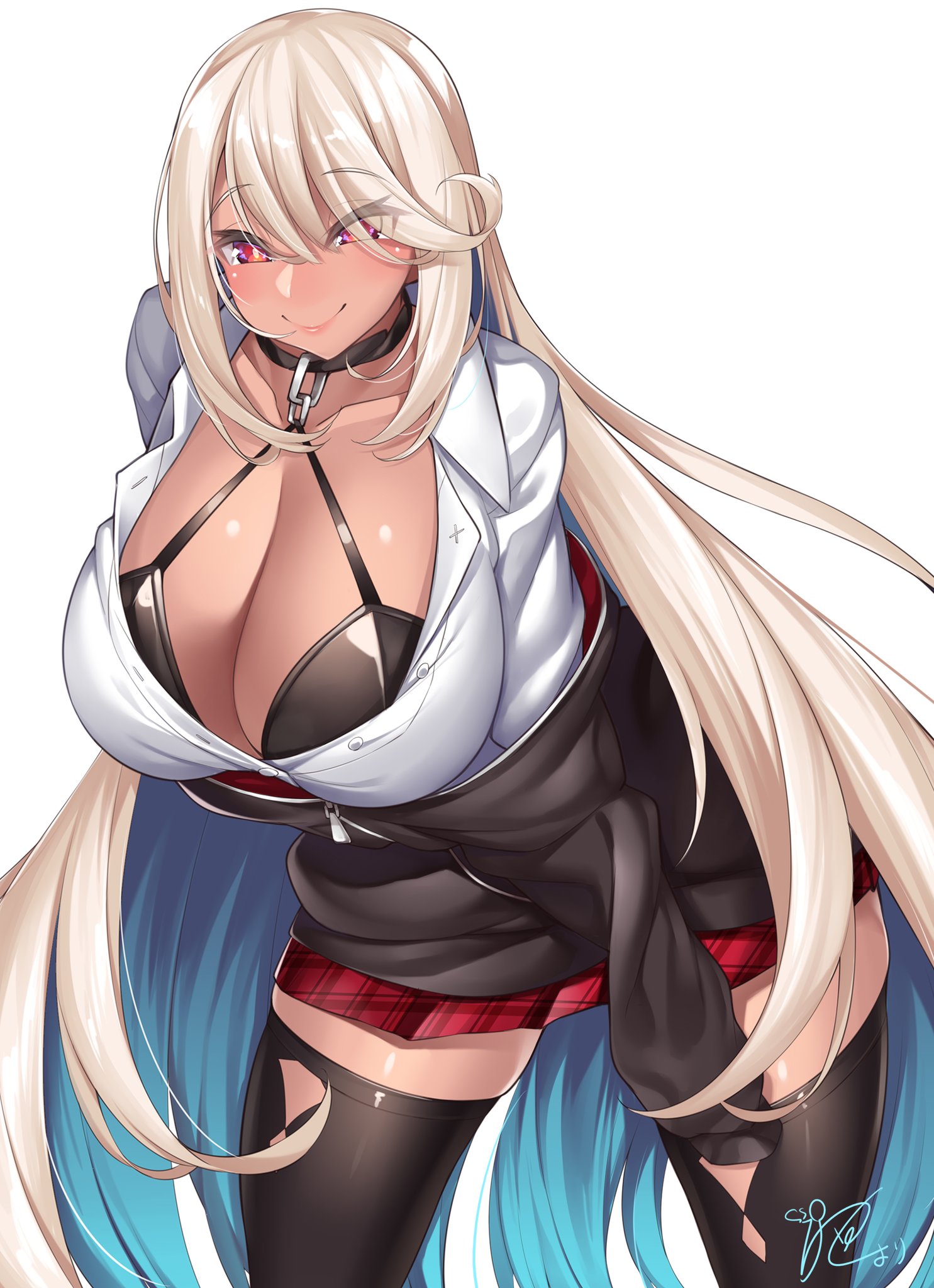 1girls, beige hair, bikini, black bikini top, blonde, blonde hair, blue hair, bra, breasts, checkered skirt, choker, cleavage, colored inner hair, cream hair, dark skin, dark-skinned female, deep cleavage, eyebrows visible through hair, eyes visible through hair, female, front view, hanging breasts, hoodie, huge breasts, leather bra, light blue hair, long hair, looking at viewer, massive breasts, miniskirt, off shoulder, original character, plaid skirt, platinum blonde hair, red eyes, red skirt, school uniform, schoolgirl, shiny hair, shirt, skindentation, skirt, sleeves past wrists, sweater, thick thighs, thigh highs, thighhighs, thighs, two-tone hair, unbuttoned shirt, very long hair, watosu (watosu mama), white background, white shirt, zipper