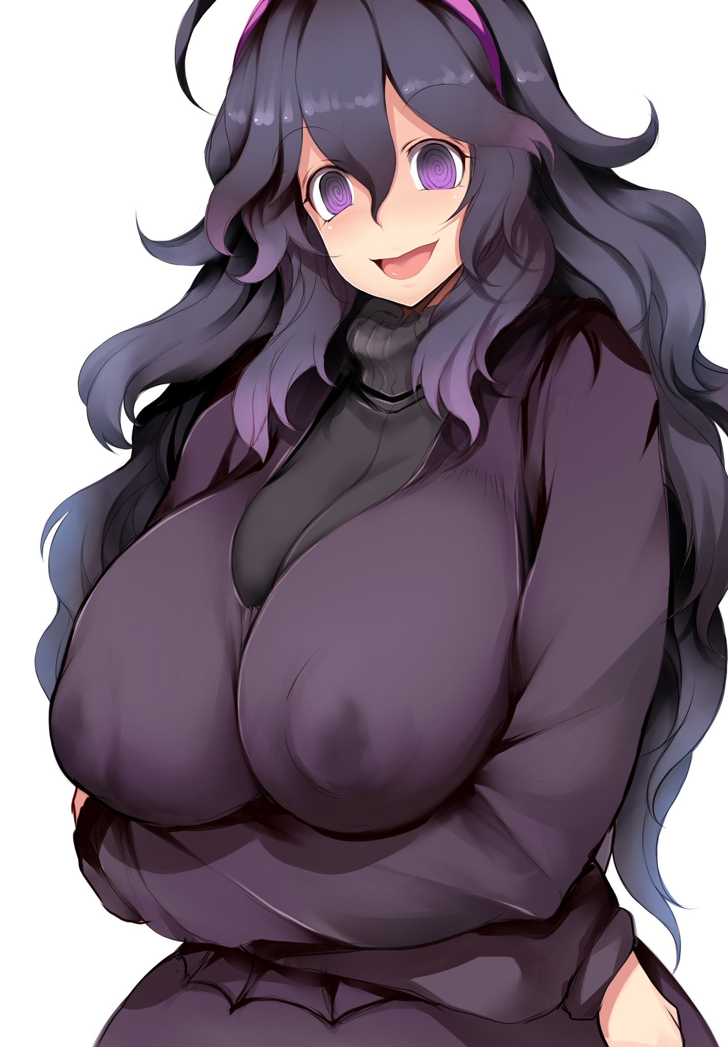 1girls, alternate breast size, arms under breasts, breasts, clothed, clothes, dress, eye contact, female, female only, goth, hairband, hex maniac, huge breasts, human, looking at viewer, milk, nintendo, nipple bulge, npc trainer, open mouth, plump, pokemon, pokemon xy, pose, purple eyes, purple hair, smile, solo, spiral eyes, tongue, tsukasawa takamatsu, unusual anatomy, unusual eyes, unusual pupils, voluptuous, wet, white background