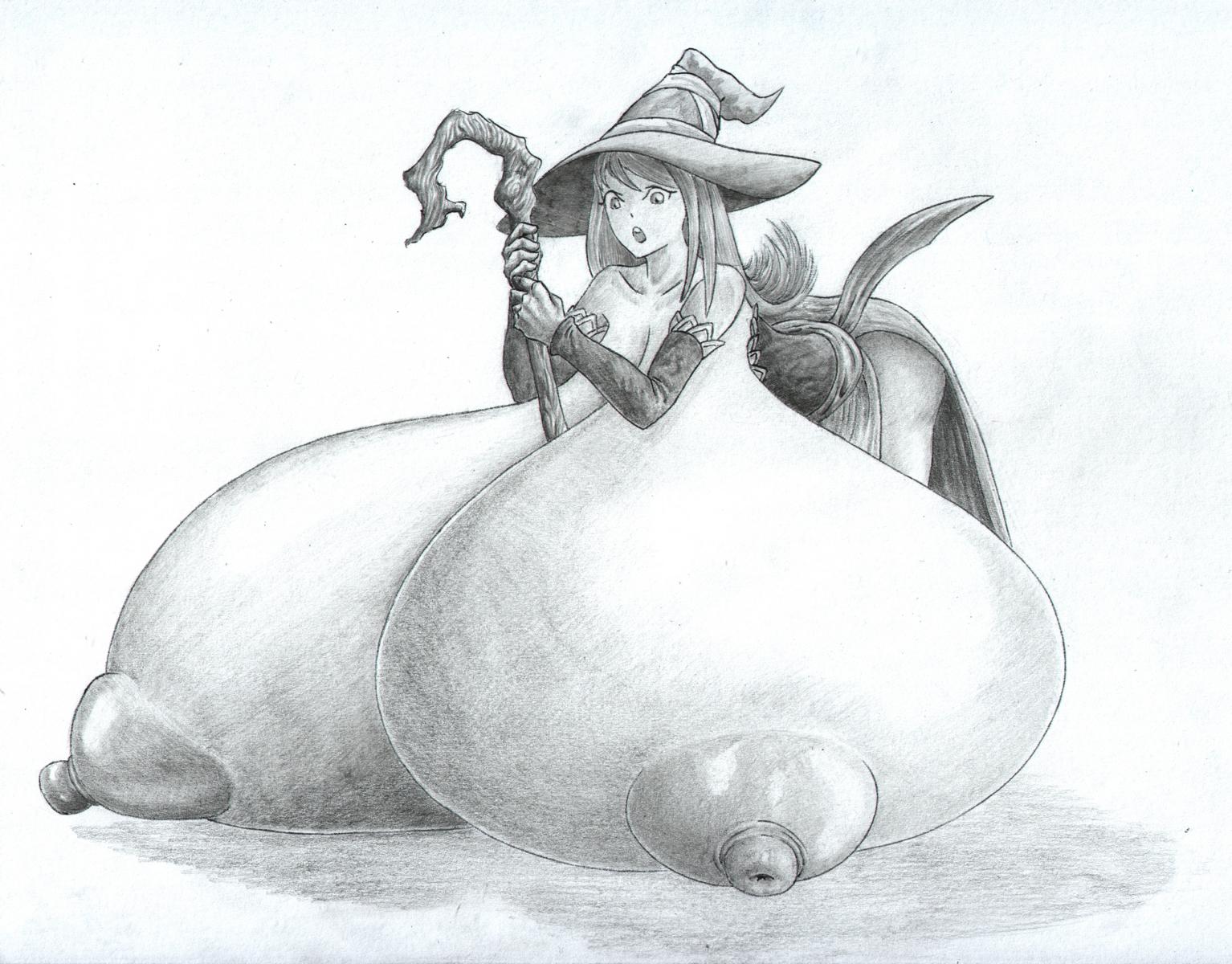 ass, ass up, breast expansion, breast growth, breast growth (enlargement), breast pillow, breast rest, breasts, dragon's crown, female, gigantic breasts, hazelnazel, immobile, laying on breasts, lying on breasts, lying on self, self lying, sorceress (dragon's crown), surprised