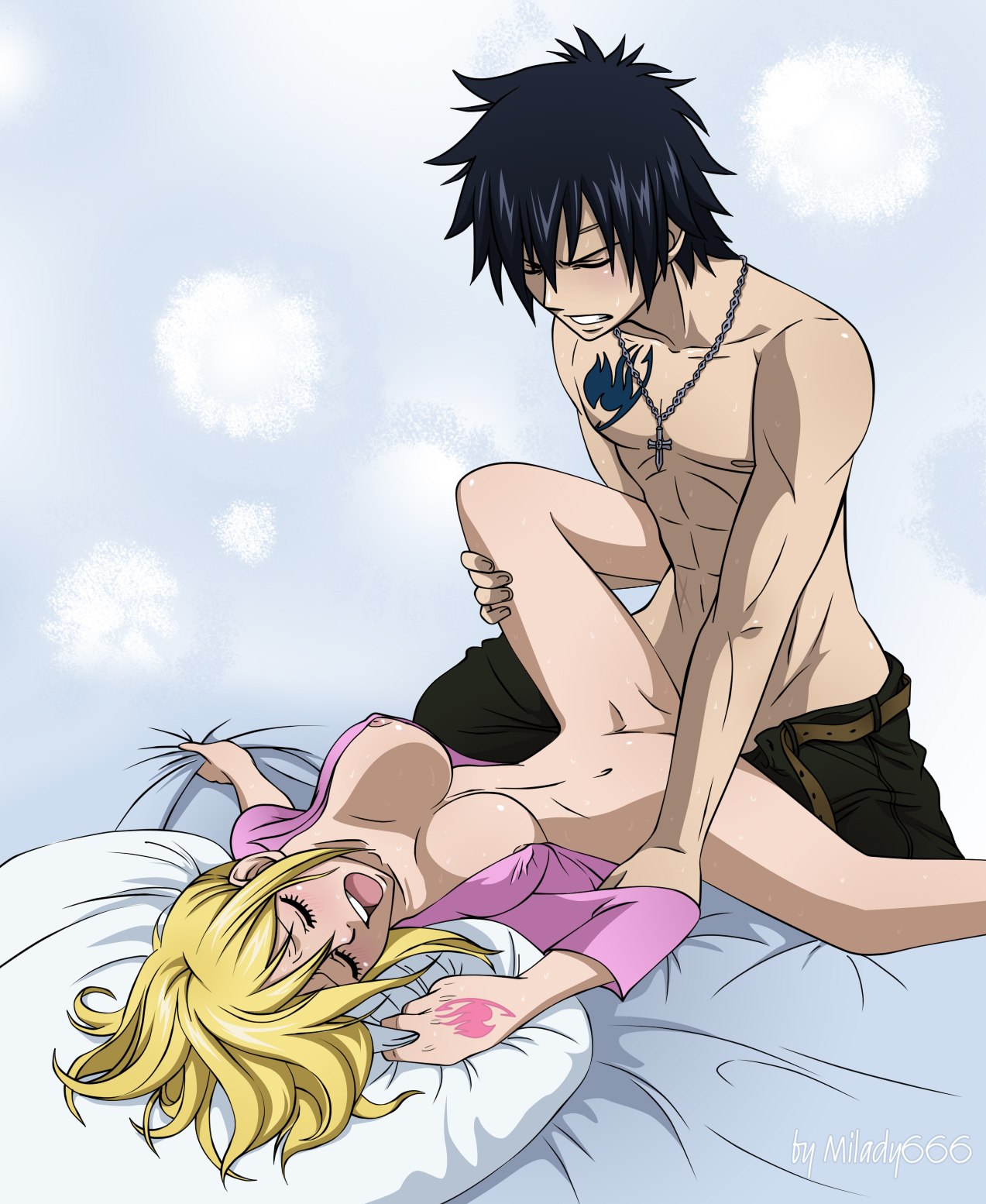 1boy, 1girls, black hair, black-haired female, blonde hair, blonde-haired female, blue tattoo, breasts, chest tattoo, couple, cute, fairy tail, fairy tail mark, female, gray fullbuster, hand tattoo, love, lucy heartfilia, male, milady666, pink tattoo, pussy, screaming, sex, sleep sex, tattoo, tattoo on chest, tattoo on hand, tattooed chest, tattooed hand