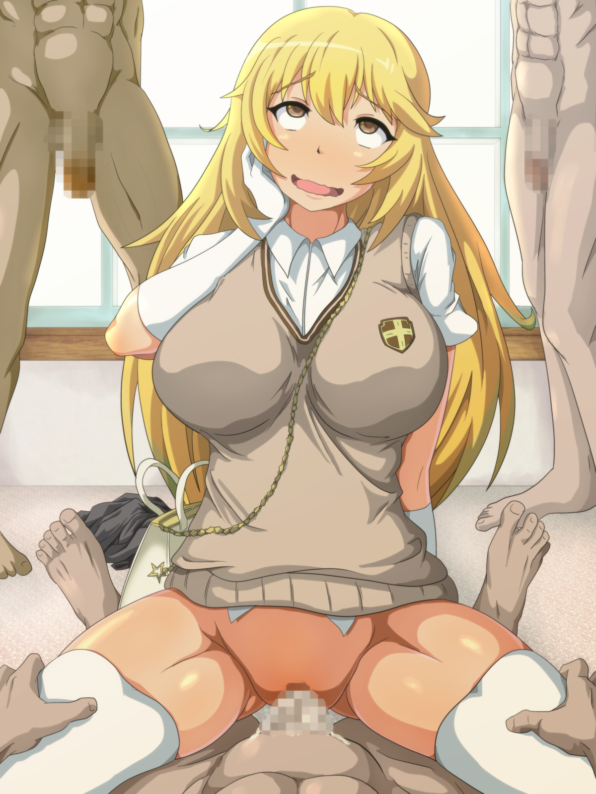 1girls, censored, censored penis, censored pussy, cum, cum in pussy, cum inside, eyes rolling back, female, gangbang, gloves, male, mosaic censoring, nakadashi, open mouth, penis, pussy, sex, shokuhou misaki, thick thighs, thighhighs, thighs, to aru kagaku no railgun, to aru majutsu no index, white gloves