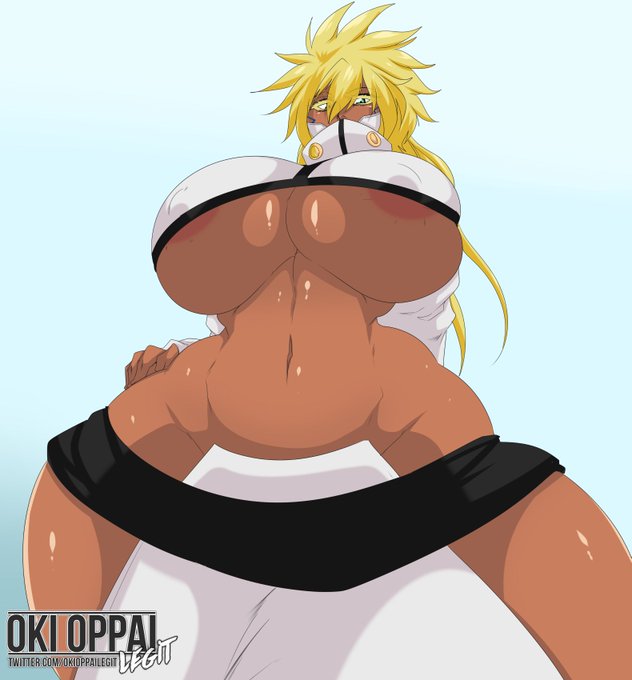 1girls, big breasts, bleach, breasts, clothed, clothing, dark skin, dark-skinned female, female, female focus, female only, hand on hip, huge breasts, loincloth, looking at viewer, mask, masked, okioppai, partially clothed, solo, solo focus, thick thighs, thighs, tia harribel