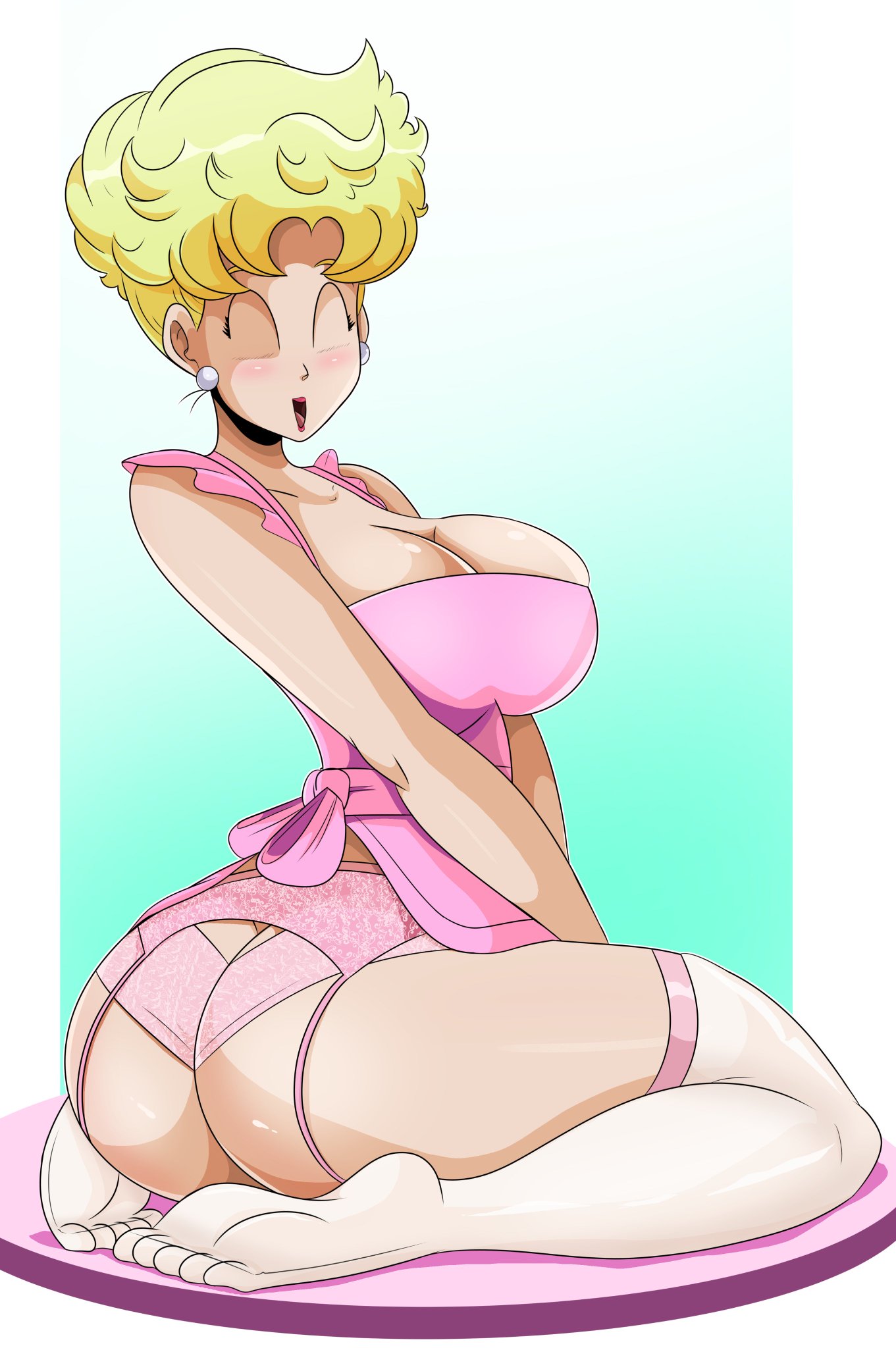 1girls, apron, ass, ass cleavage, ass crack, big ass, big breasts, blonde hair, breasts, butt crack, cleavage, closed eyes, dragon ball, dragon ball z, ear, earrings, feet, female, female only, housewife, looking at viewer, mature female, milf, mother, panchy, panchy (dragon ball), panchy briefs, smile, soles, sonson-sensei, source request, stockings, thick thighs, toes